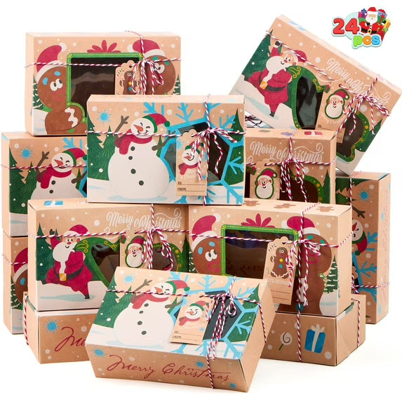 Joyfy 24 Pcs Christmas Cookie Boxes Bakery Treat Gift Box with Window 8.75" x 5.75" x 2.75”for Pastries, Cupcakes, Cookies, Brownies, Donuts Gift Giving