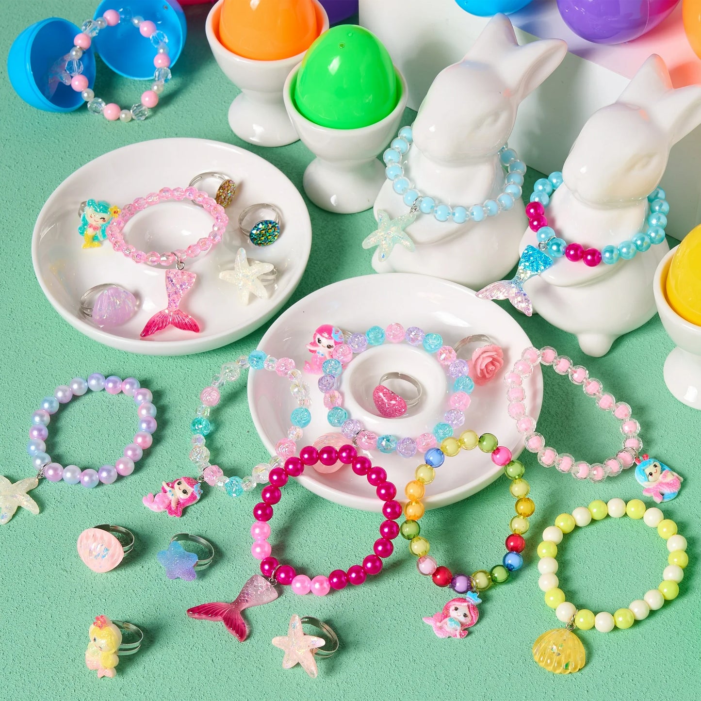 Joyfy 12 Pack Prefilled Easter Eggs with Toys,Easter Eggs Filled with Beads Bracelets and Rings Inside Girls Jewelry Set for Easter Basket Stuffers and Classroom Exchange Party Favors