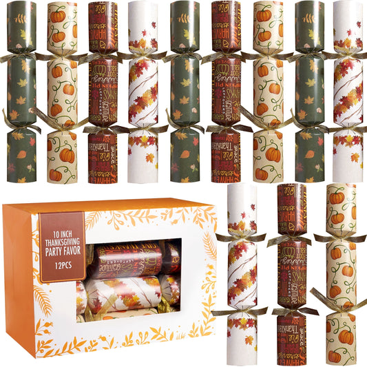 Joyfy 12 Pcs Thanksgiving Christmas Crackers Party Table Favor, No Snap Fall Leaves&Pumpkins Design, with Party Hat Joke & Little Gift for Xmas Holiday Dinner Traditions