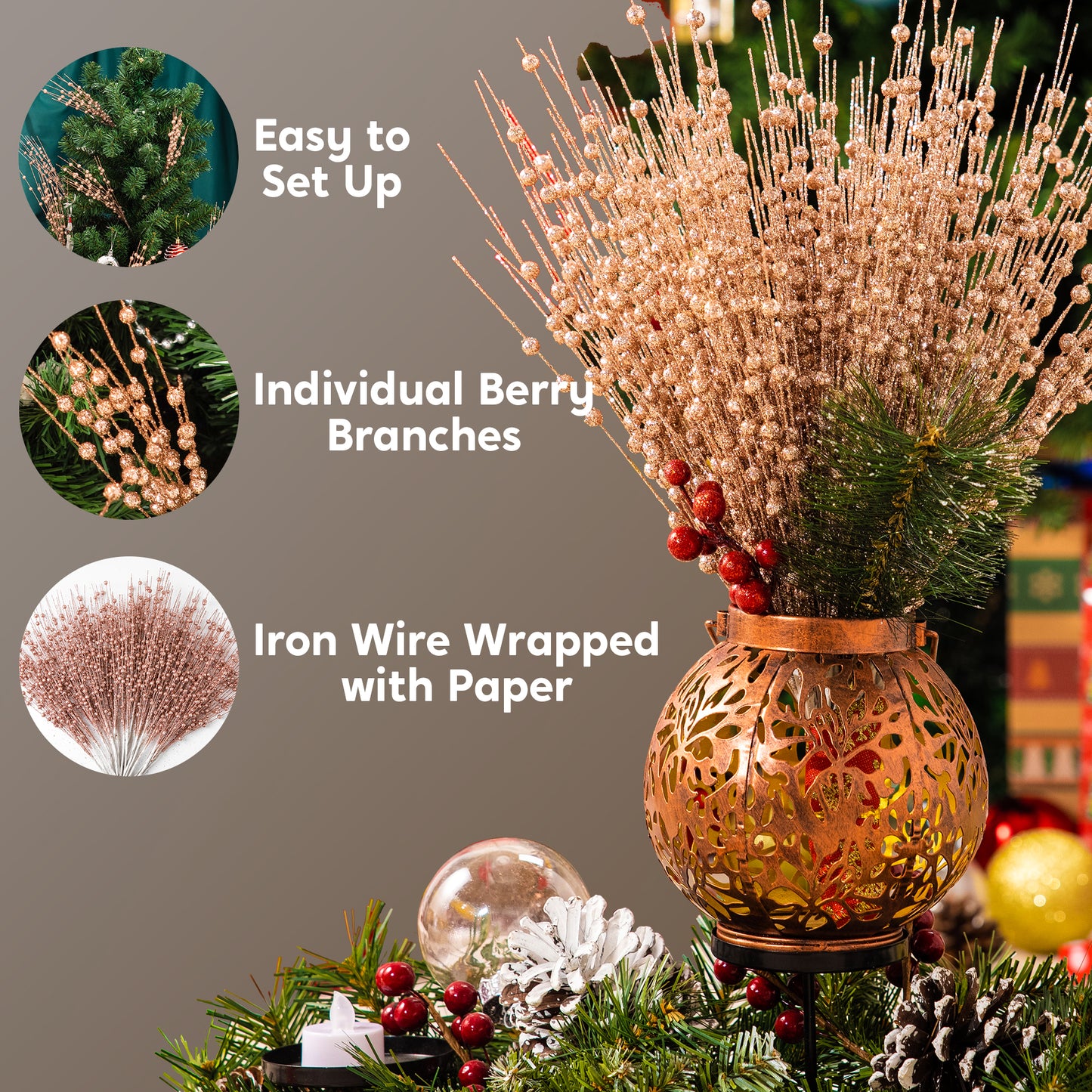 Syncfun 24 Pcs Christmas Tree Berry Stem, 20 Inches Decorative Bead Sticks, Glittery Twigs, Picks, Branches for Christmas Tree, Small Vase, Holiday, Wedding, Party (Rose Gold)