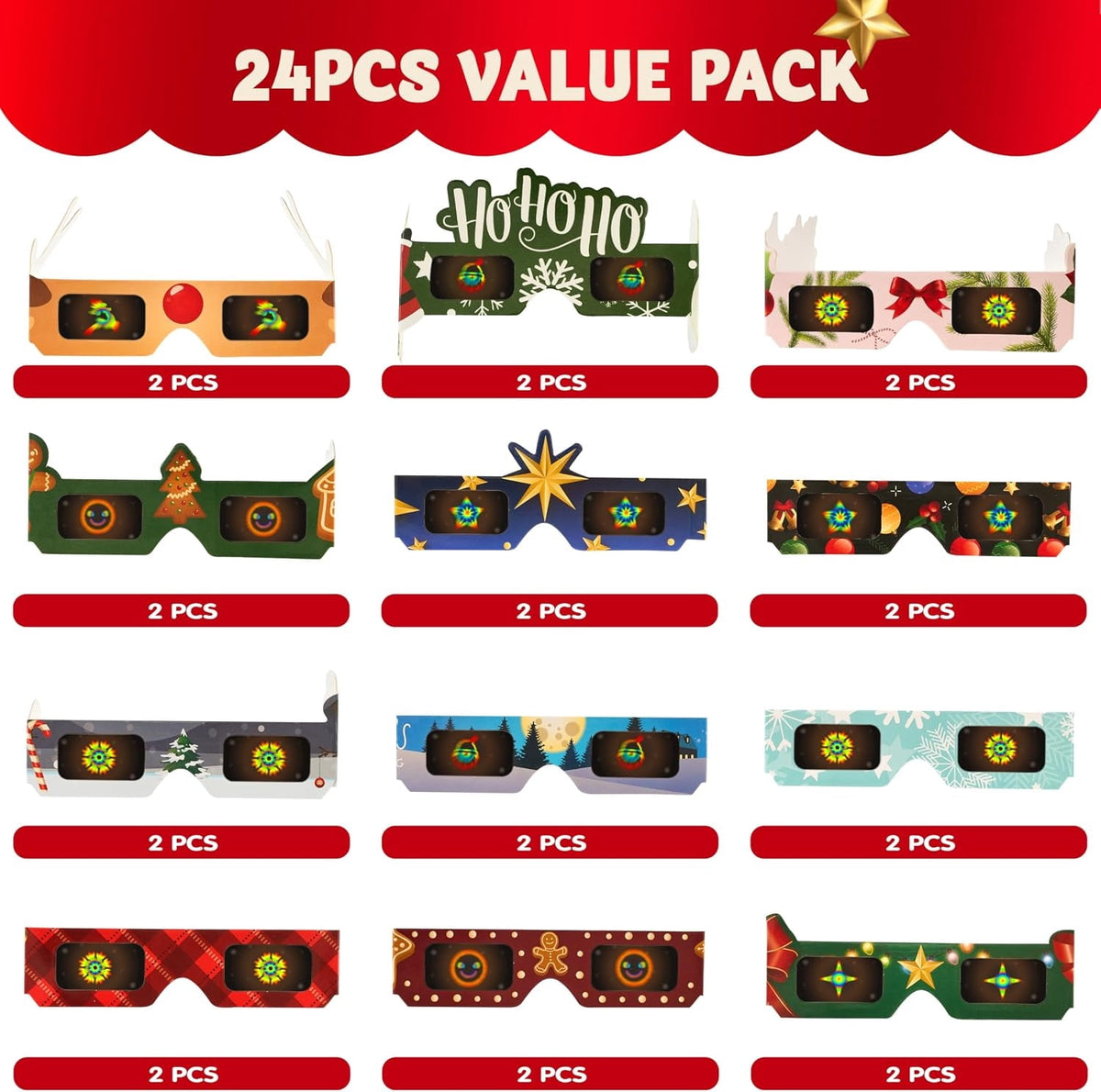 Joyfy 24 Pcs Christmas Paper Glasses Frame Christmas Party Glasses, Costume Eyeglasses Assorted Designs for Adults Party Favors Photo Props(One Size Fits All)