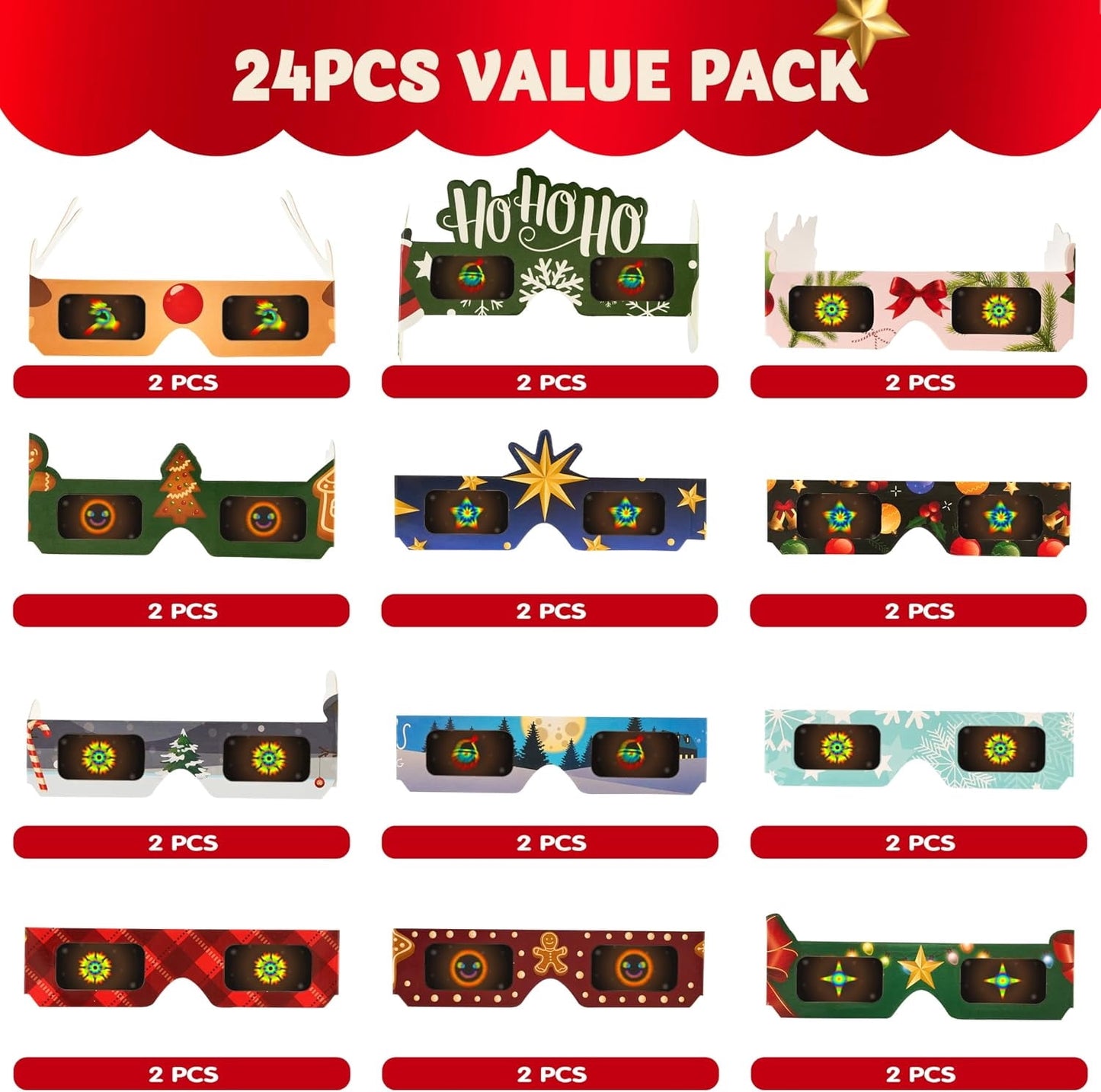 Joyfy 24 Pcs Christmas Paper Glasses Frame Christmas Party Glasses, Costume Eyeglasses Assorted Designs for Adults Party Favors Photo Props(One Size Fits All)