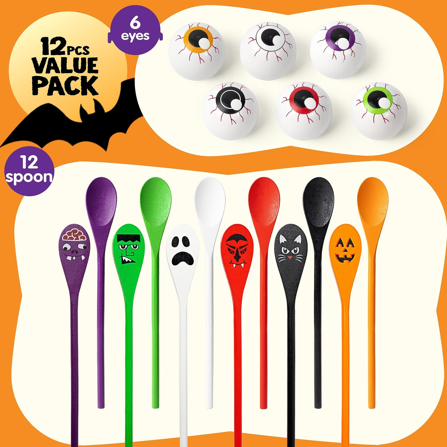 Joyfy 6 Packs Halloween Spoons Game Set,Eyeballs and Spoons Race Party Favors for Kids,Halloween Prizes,Halloween Activities for Kids