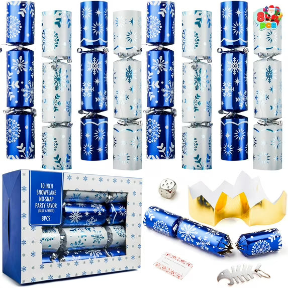 Joyfy 10" Christmas Crackers Party Table Favor, 8 Pcs No Snap Blue & White Snowflake Design, with Party Hat Joke & Little Gift for Xmas Holiday Dinner Traditions