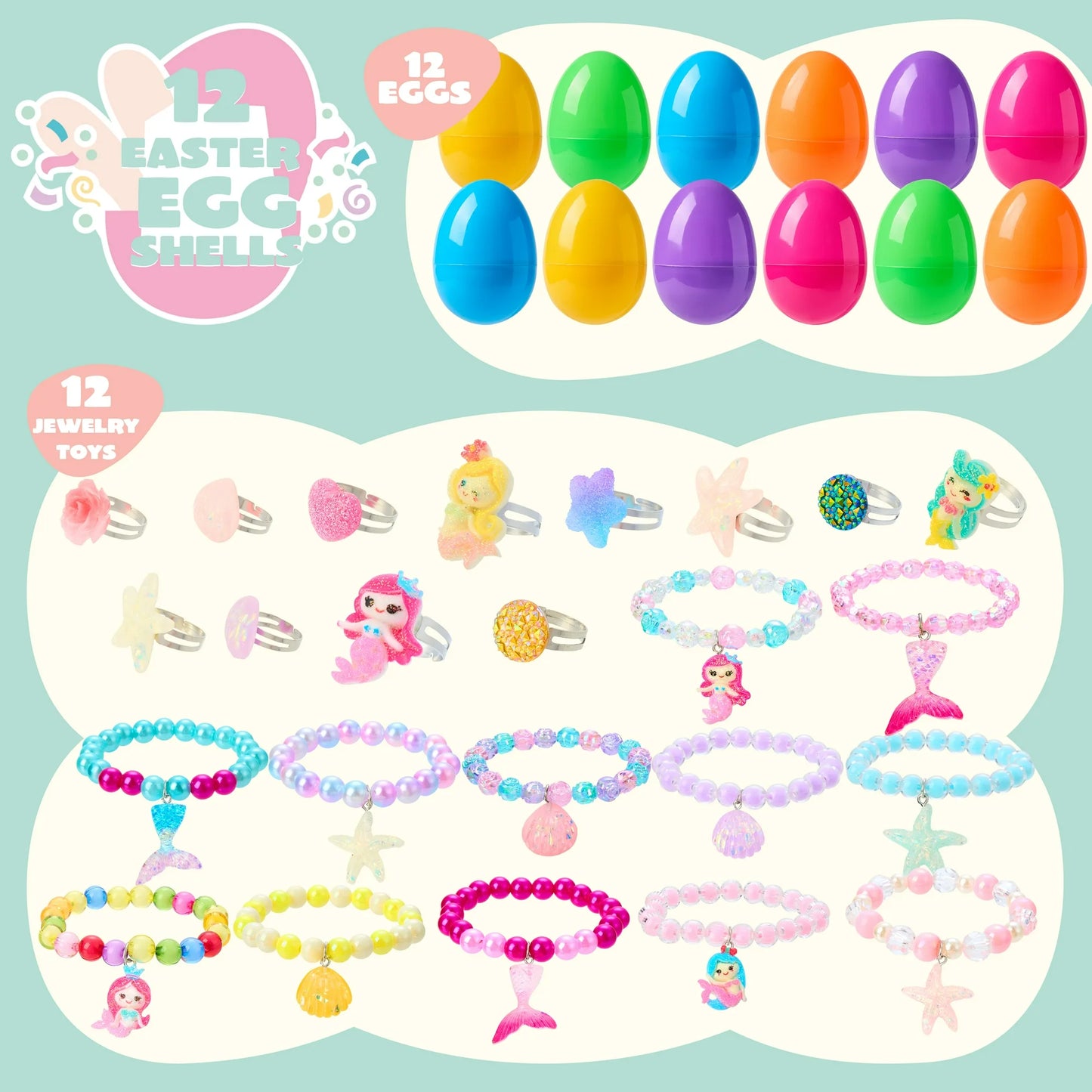 Joyfy 12 Pack Prefilled Easter Eggs with Toys,Easter Eggs Filled with Beads Bracelets and Rings Inside Girls Jewelry Set for Easter Basket Stuffers and Classroom Exchange Party Favors
