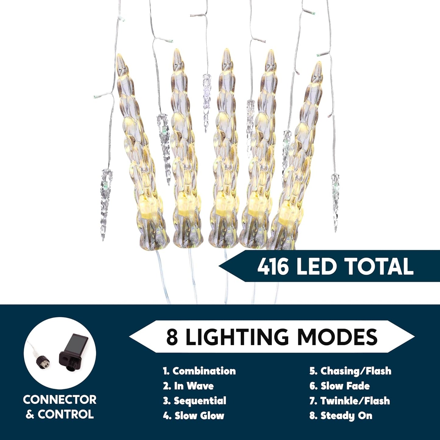 Syncfun 416 LED Christmas Icicle Lights Outdoor Christmas Decor,47.2 FT 8 Modes Warm White Christmas Lights Icicle Lights Indoor for Home Decoration Holiday Eaves Yard Party Indoor