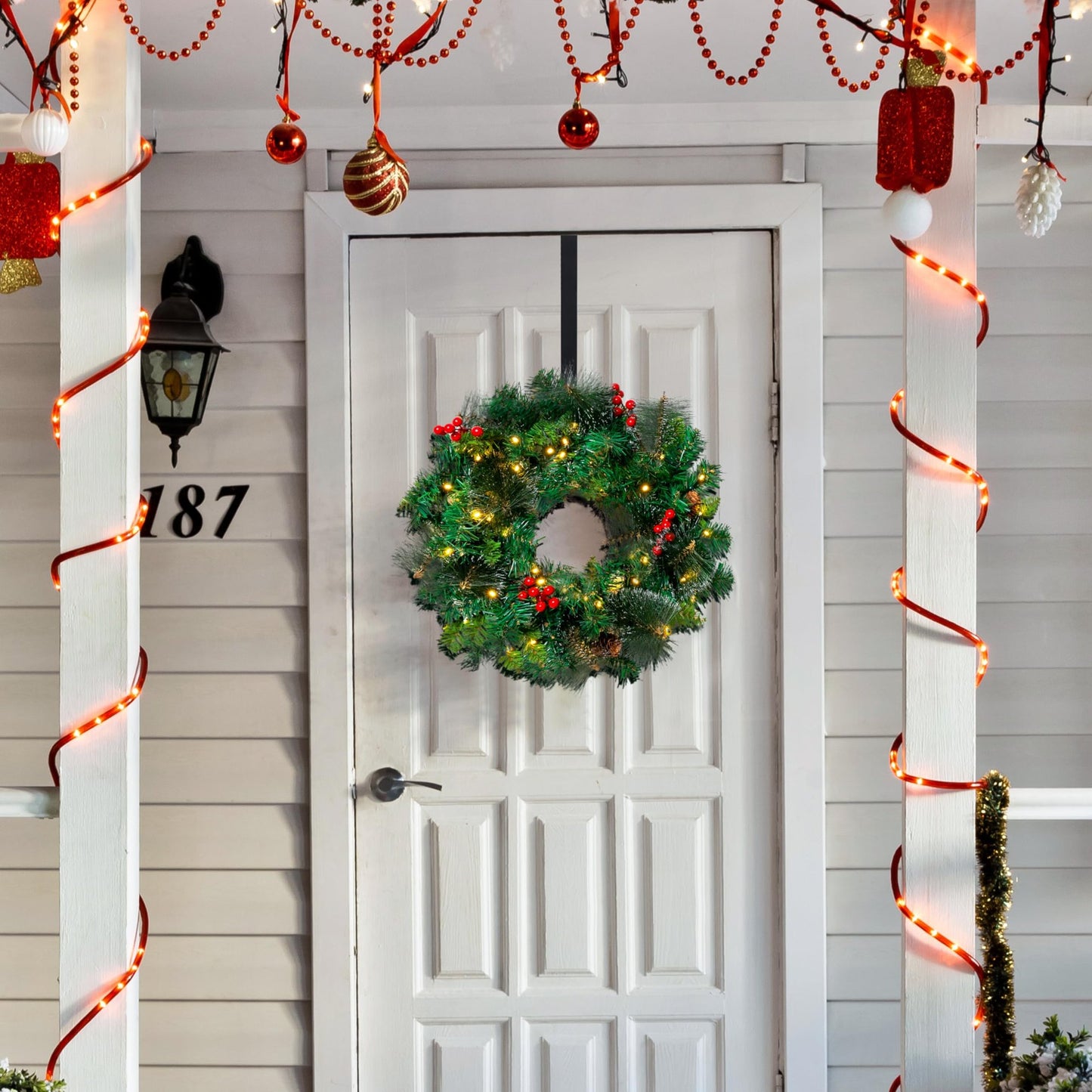 Joyfy 20” Christmas Wreath Prelit with 15” Hanger and LED Lights, Red Berries, Pine Cones Glitter Pine Needles for Front Door Decoration and Indoor Outdoor Christmas Decorations