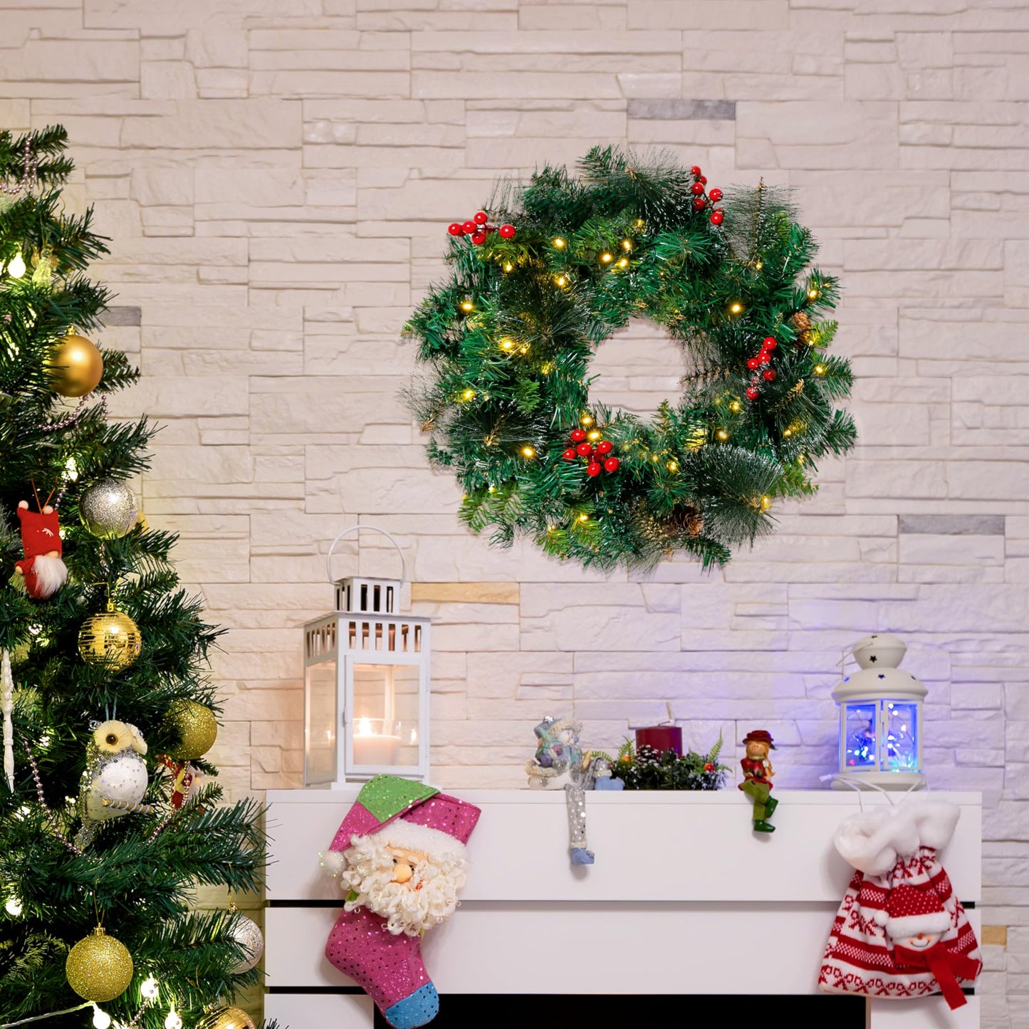 Joyfy 20” Christmas Wreath Prelit with 15” Hanger and LED Lights, Red Berries, Pine Cones Glitter Pine Needles for Front Door Decoration and Indoor Outdoor Christmas Decorations