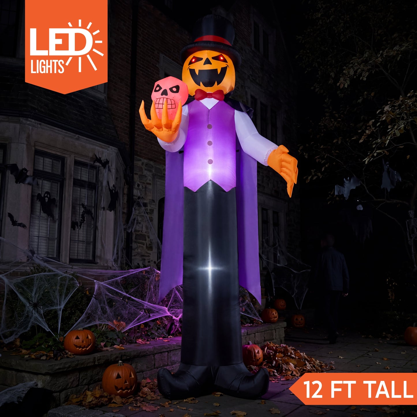 Joyfy 12 ft Giant Halloween Inflatable Pumpkin Ghost Vampire with Skull Decoration with Built in LEDs,Ghost Halloween Decorations Outdoor Blow Up Yard Lawn Decoration
