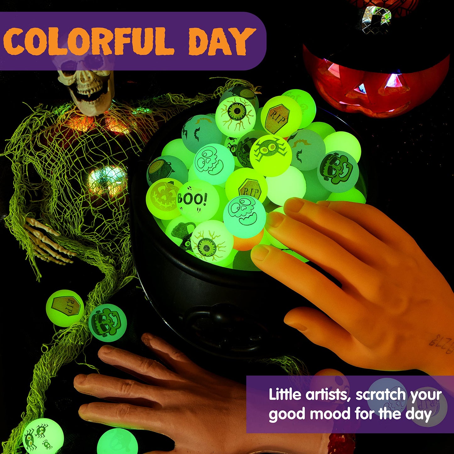 Joyfy 100 Pcs Halloween Bouncy Balls,20 Designs Glow in The Dark Bouncy Balls Halloween Toys for Kids,for Trick or Treaters,Halloween Goodies,Halloween Party Favors