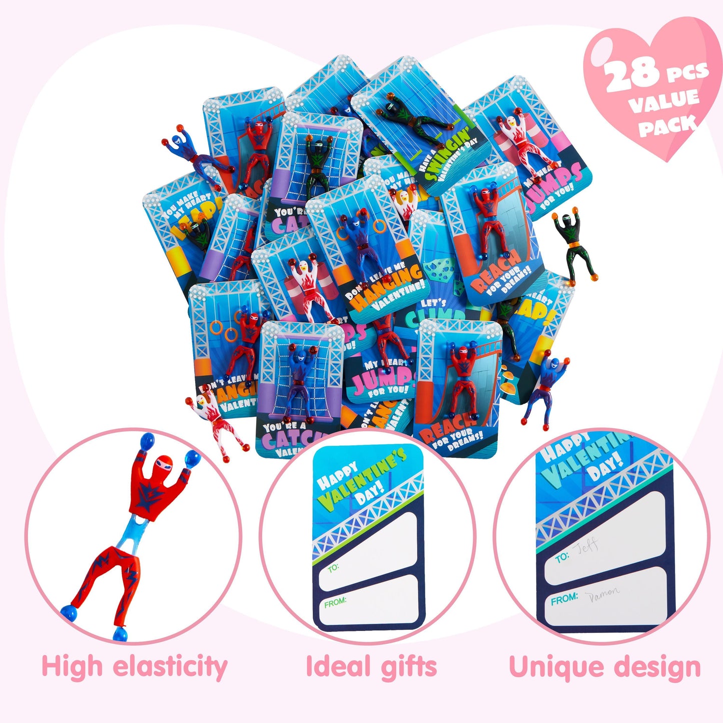28 Pack Valentine's Day Ninja Sticky Man with Cards, Classroom Exchange Gift for Kids, Classroom and Holiday Reward Prizes, Valentine’s Party Favors, Ninja Sticky Man Toys