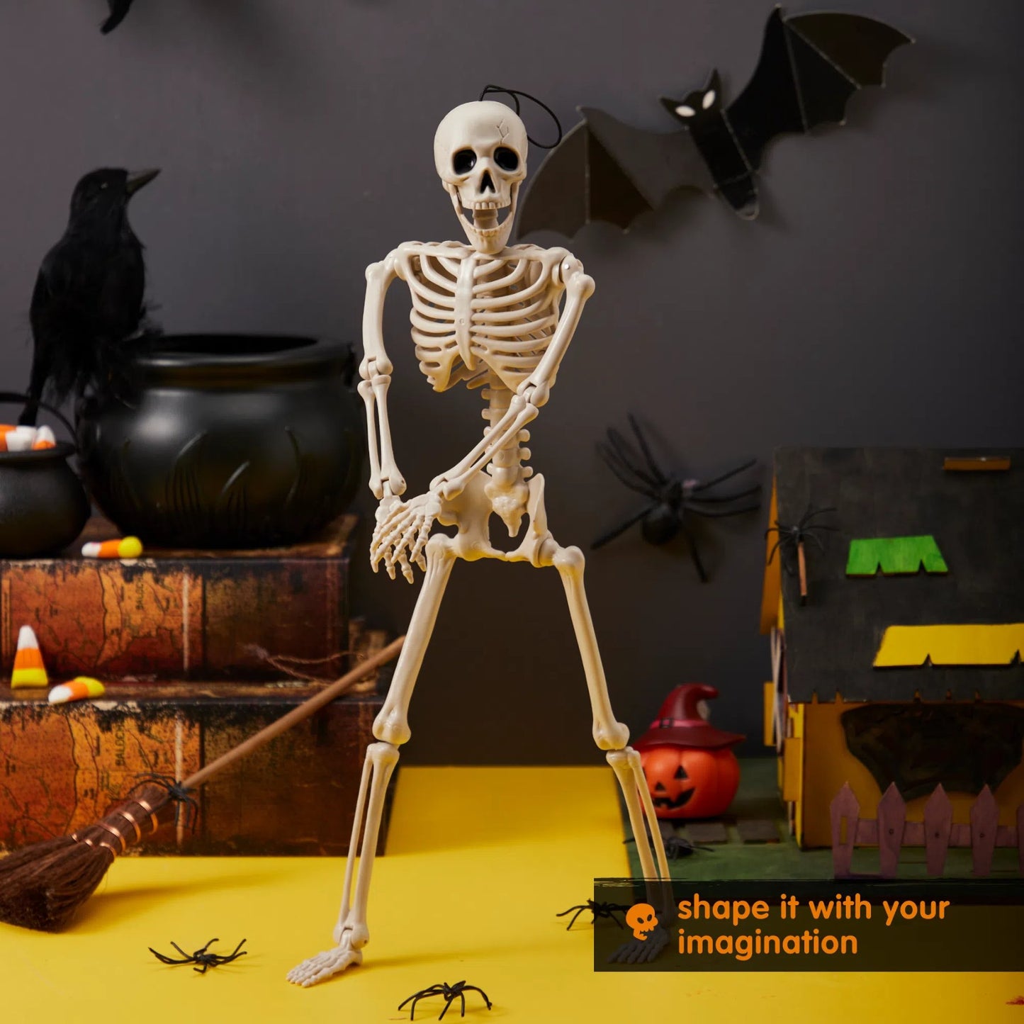 SYNCFUN 1 Pcs Halloween Skeleton Decorations,16 Inch Full Body Poseable Skeleton with Movable Joints for Halloween Indoor Outdoor Party,Graveyard,Haunted House Accessories