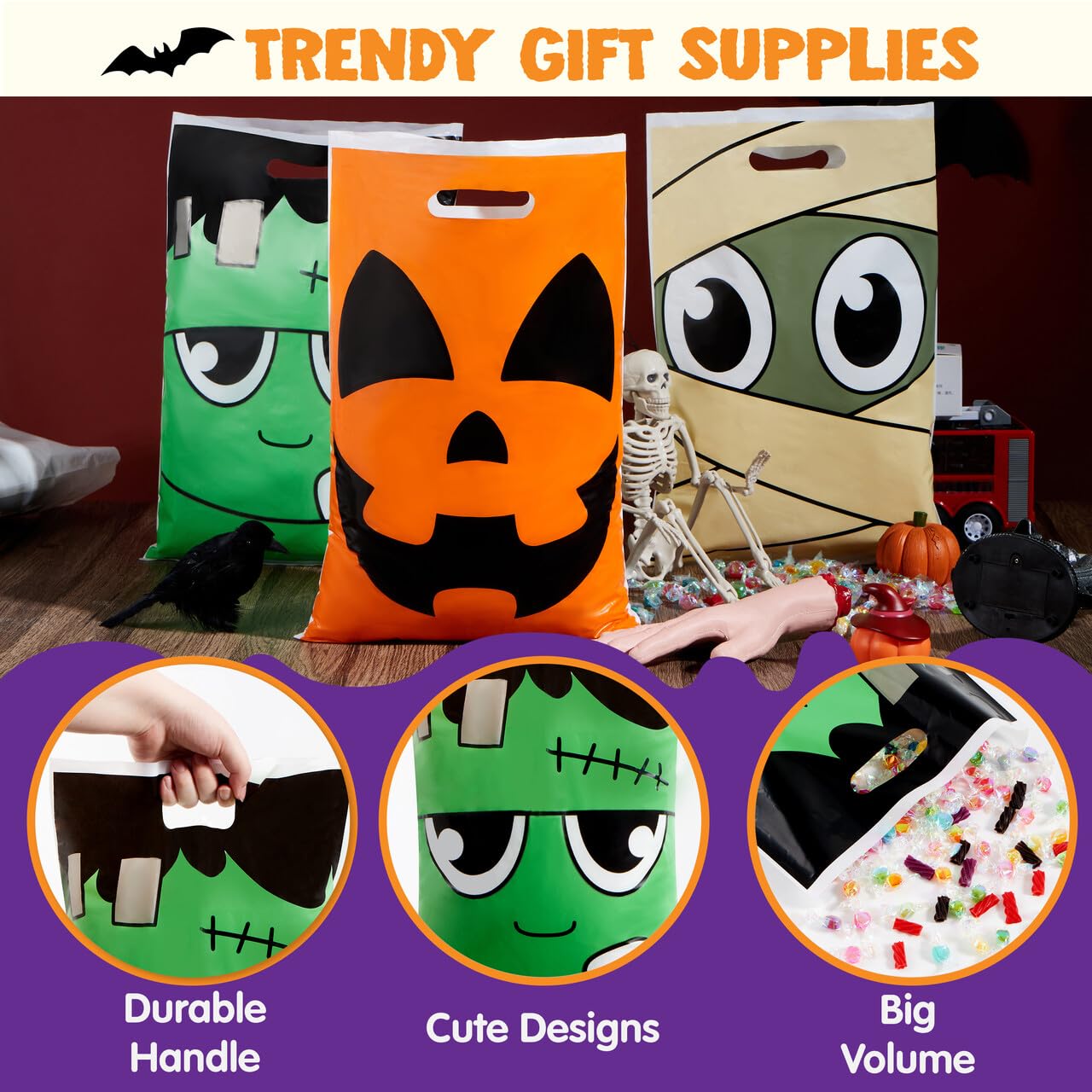 Joyfy 72 Pcs Halloween Goodie Bags,Trick or Treat Bags Plastic Halloween Bags for Kids,Halloween Party Favors Classroom Goody Bags