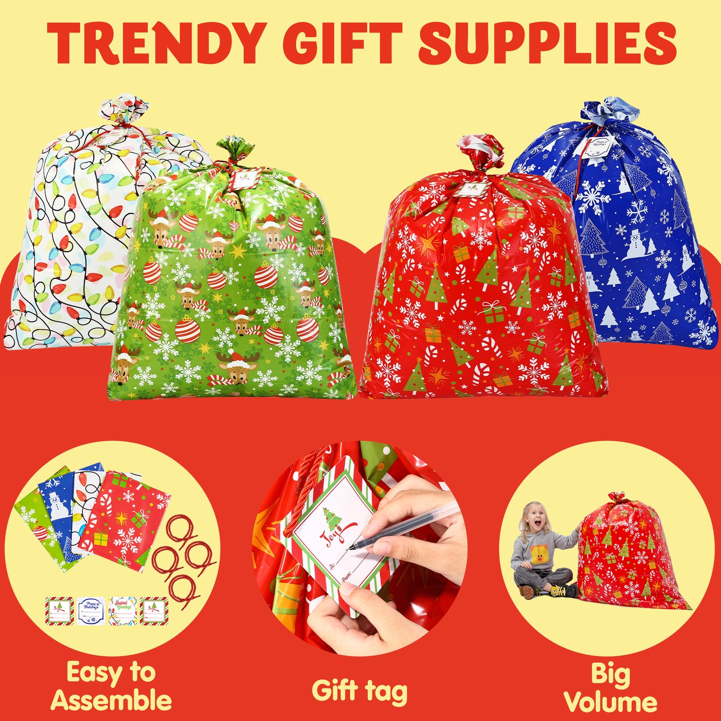 Joyfy 8 Pcs Large Christmas Gift Bags Xmas Presents 44”x 36” Jumbo Christmas Gift Bags Wrapping Giant Gift Bags for Huge Gifts Big Gift Sack Set