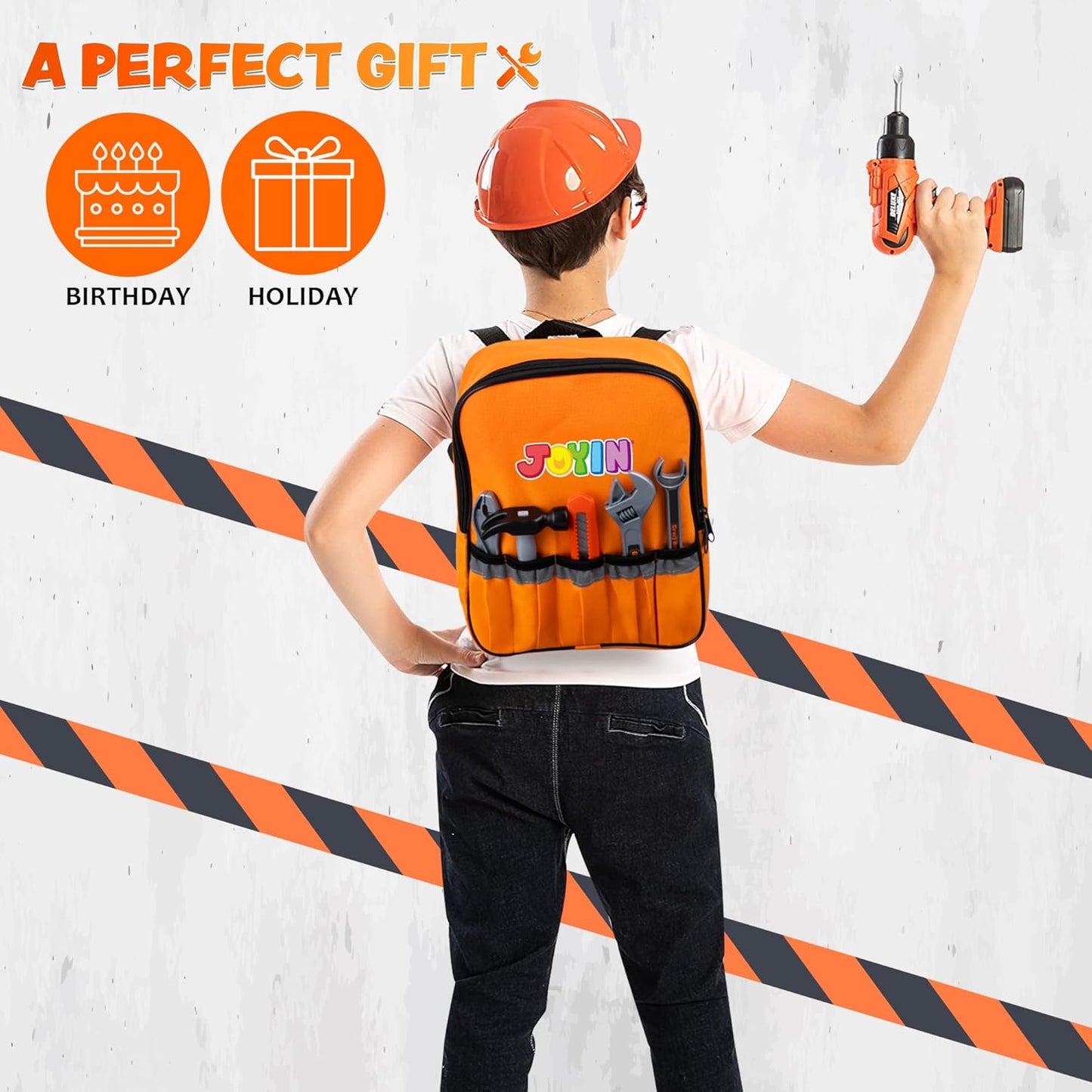 Syncfun 32Pcs Kids Tool Set, Construction Pretend Play with Backpack Costume & Electronic Drill Toy for Boy & Girl Birthday Dress Up Party