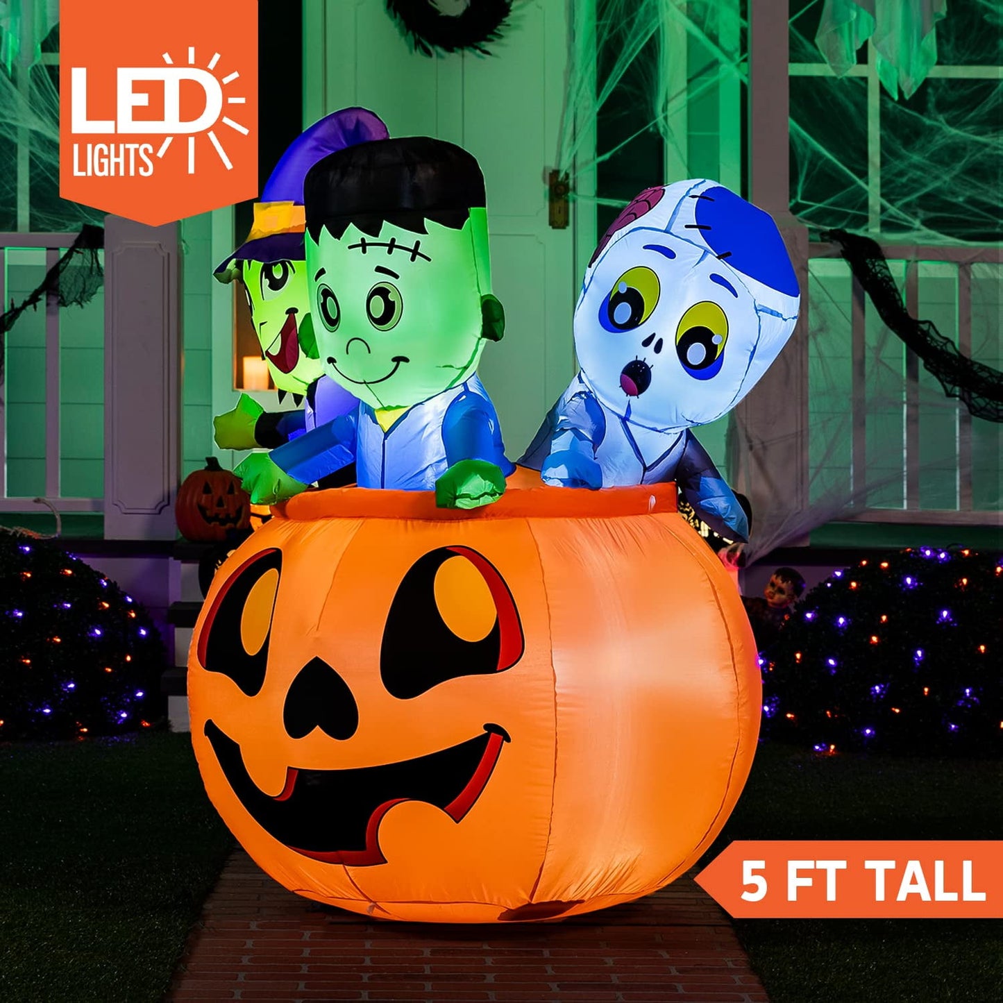 Syncfun 5 FT Halloween Inflatable Characters on Pumpkin Inflatable with Build-in LEDs Blow Up Halloween Outdoor Decorations Yard Inflatables Decoration