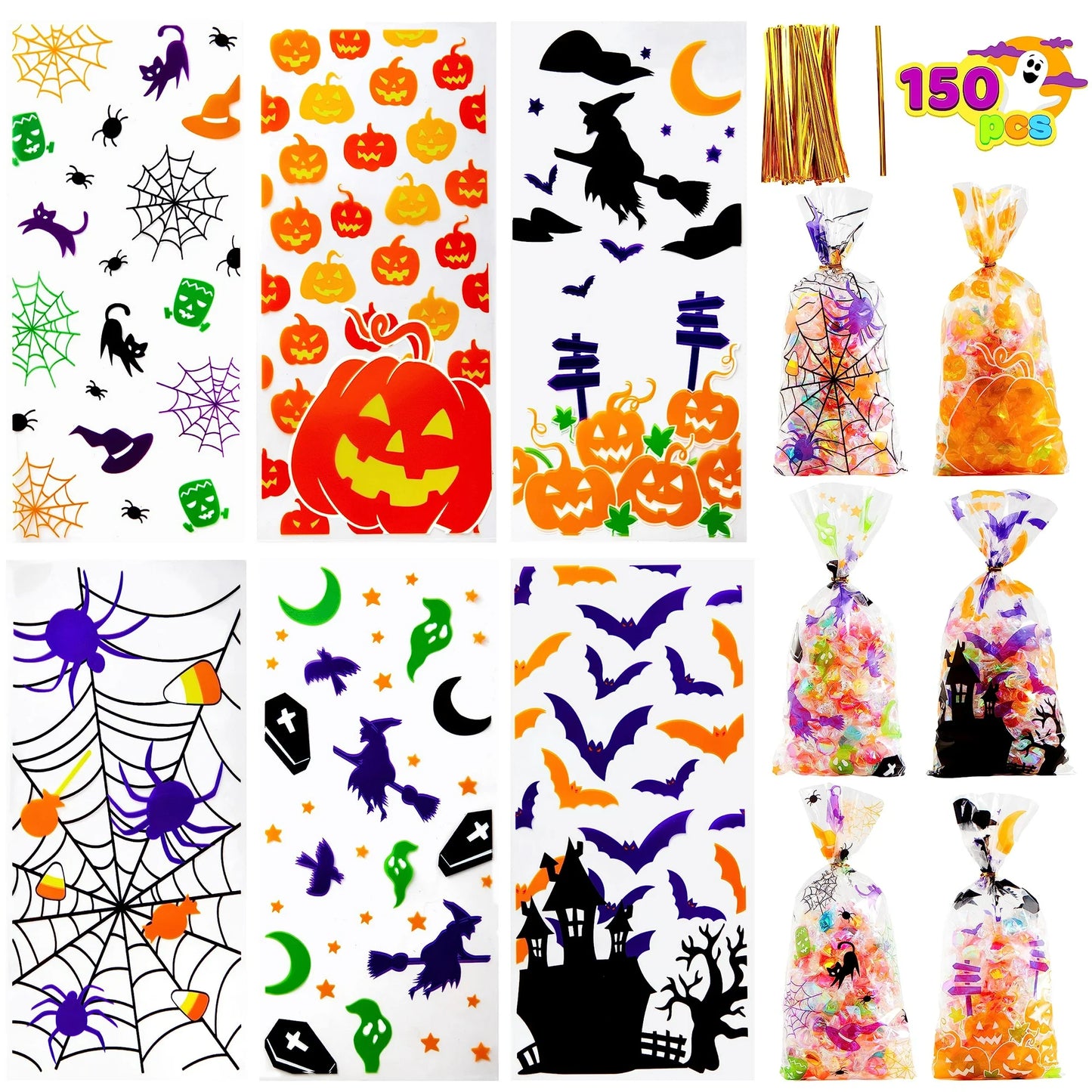 SYNCFUN 150 Pcs Halloween Treat Bags Clear Cellophane Bags with Twist Ties,Goodie Bags for Snack Cookie Candy,Halloween Gift Trick or Treat Bags,Halloween Party Supplies