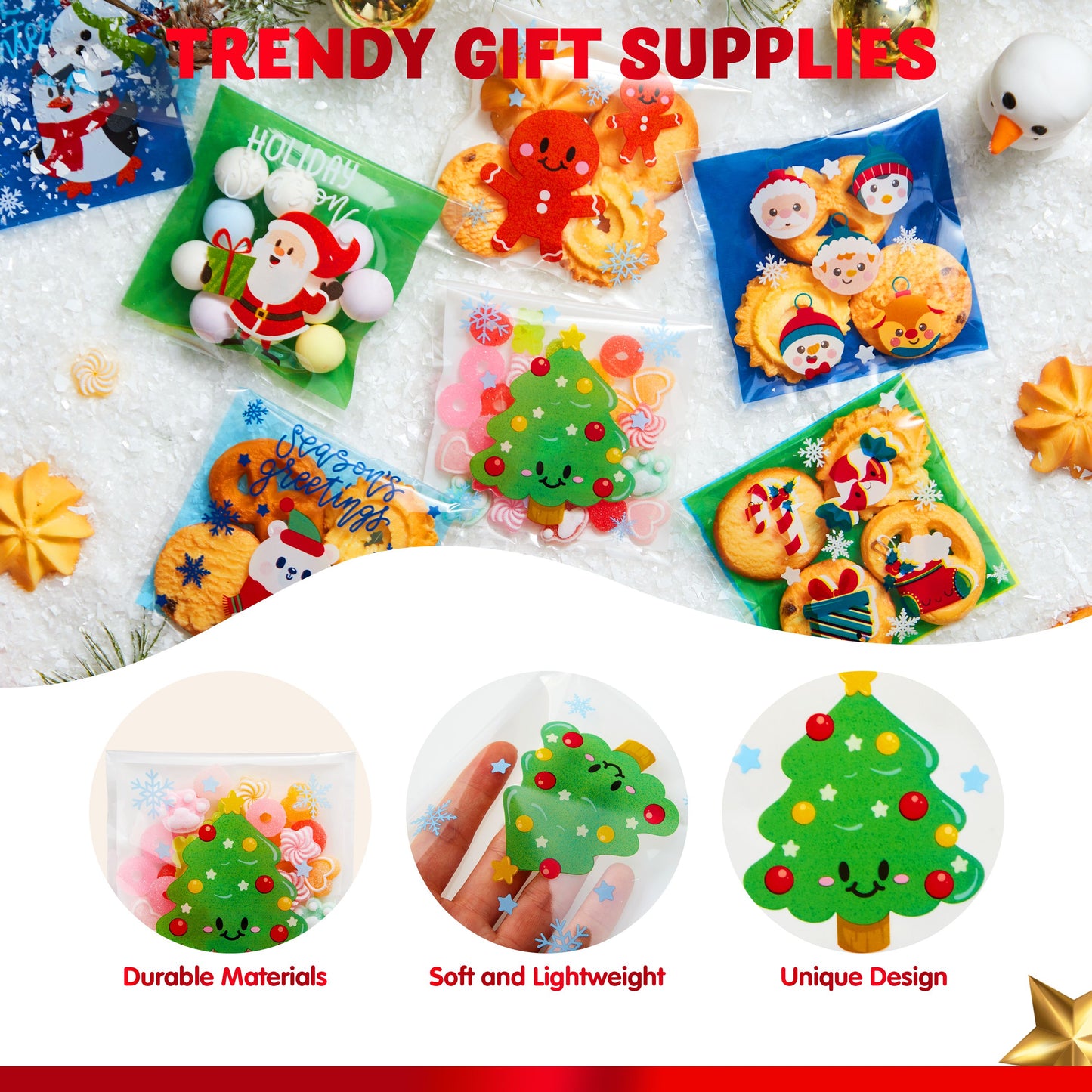 Joyfy 300 Pcs Christmas Cookie Bags Self-adhesive Candy Bags Plastic Cellophane Treat Bags for Holiday Treats, Christmas Party Favors Supplies, Cute Christmas Cello Gift Bags, Xmas Goodie Bags