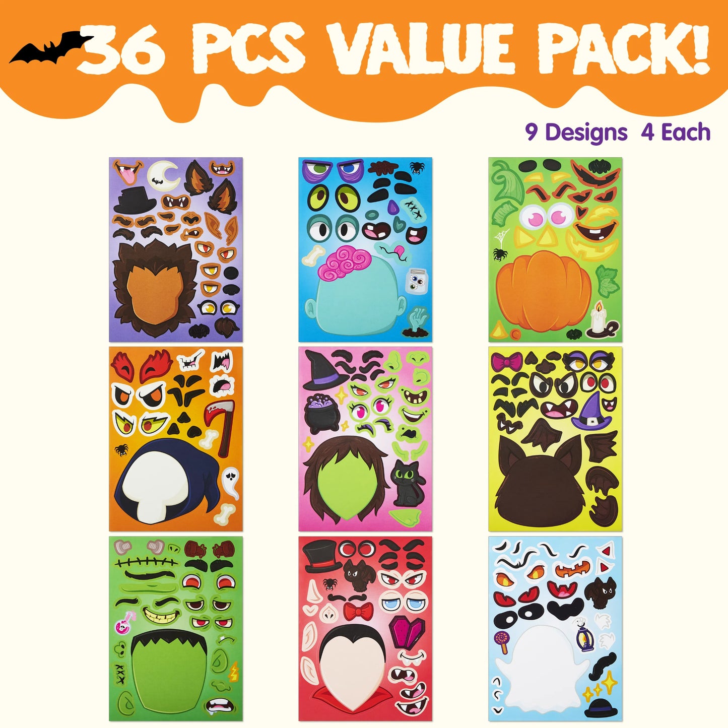 Joyfy 36 Pcs Halloween Stickers Make a Face Halloween Characters Stickers for Kids,Witch Vampire Self Adhesive DIY Decorations Stickers Fall Stickers Party Favors for Kids,Halloween Craft
