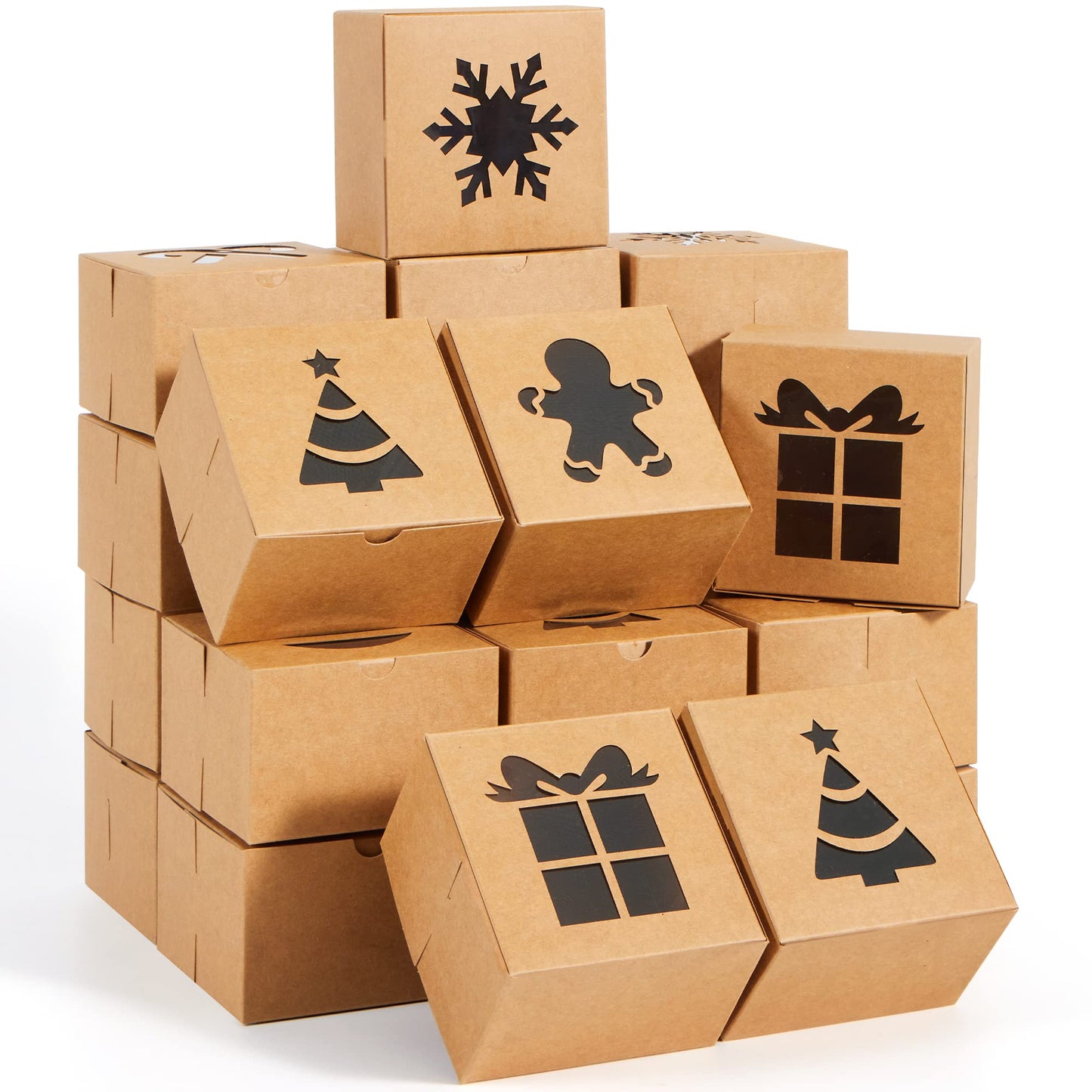 Joyfy 24 Pcs Brown Bakery Boxes with Window, 4"x 4"x 2.5" Small Kraft Cookie Boxes for Christmas Cupcakes, Cookies, Brownies, Donuts, Truffles Gift-Giving