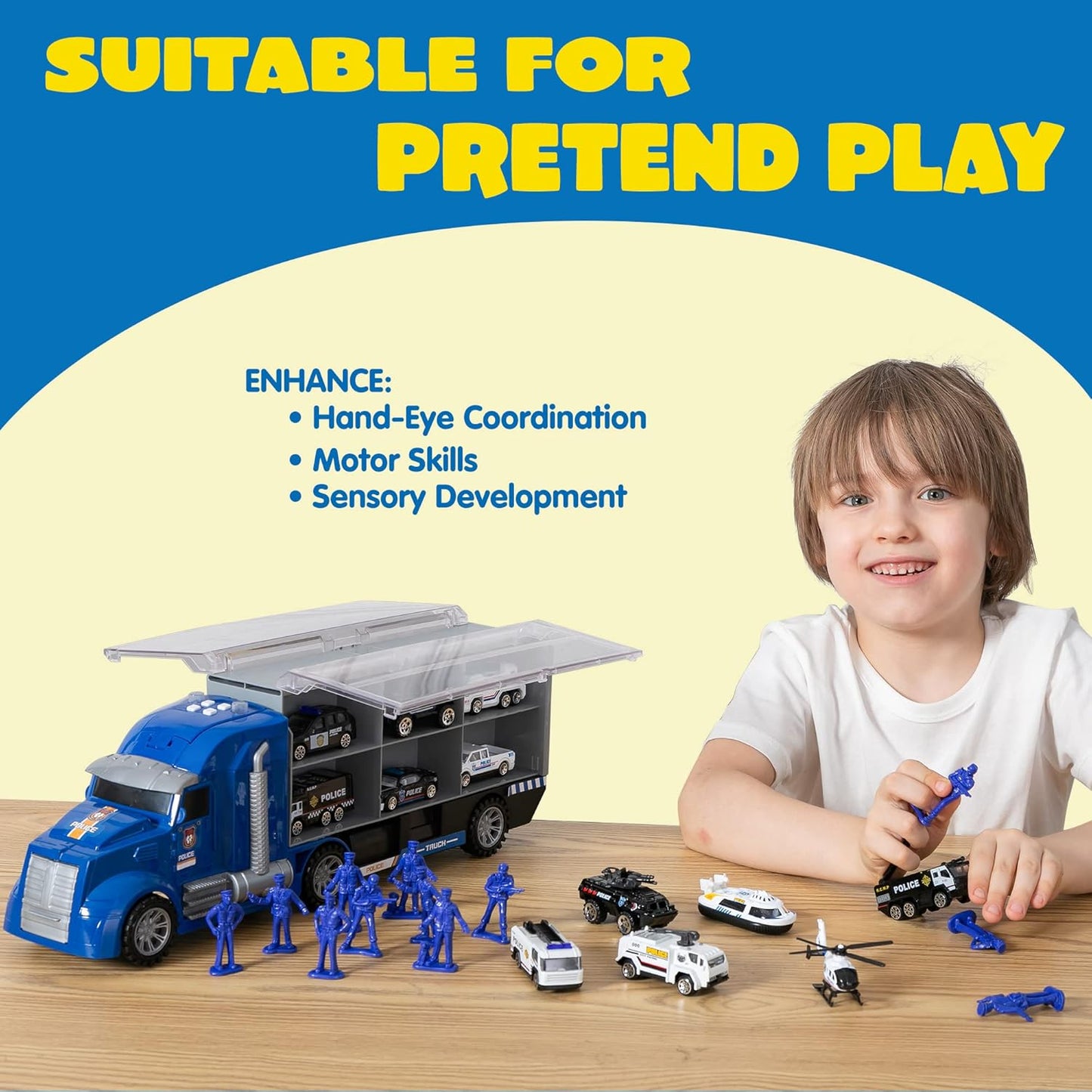 Syncfun 25 in 1 Die-cast Police Rescue Truck Car Toy Set with Sounds and Lights, Mini Police Vehicles in Carrier Truck, Play Police Patrol Rescue Vehicle Toy, Birthday Gifts for Over 3 Years Old Boys
