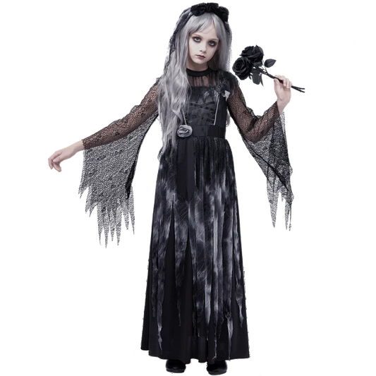 Joyfy Princess Costume for Girls, Scary Halloween Costumes for Kids, Black Dress Outfit with Headband for Halloween Ghost Themed Party Cosplay