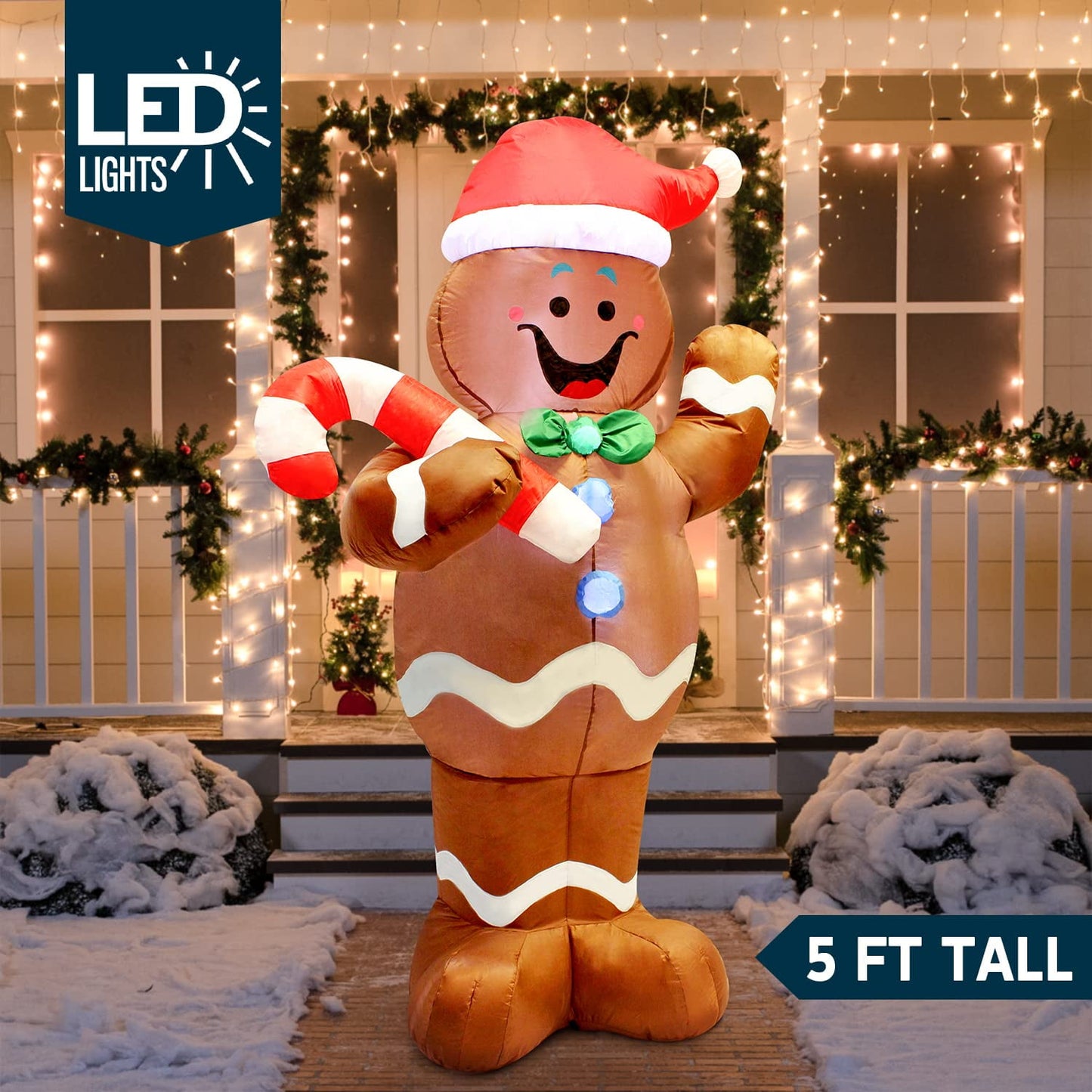 Joyfy 5 ft Christmas Inflatables Gingerbread Outdoor Decorations,Gingerbread Man Blow Ups with Built-in LEDs for Holiday Party Garden Lawn Yard Decor