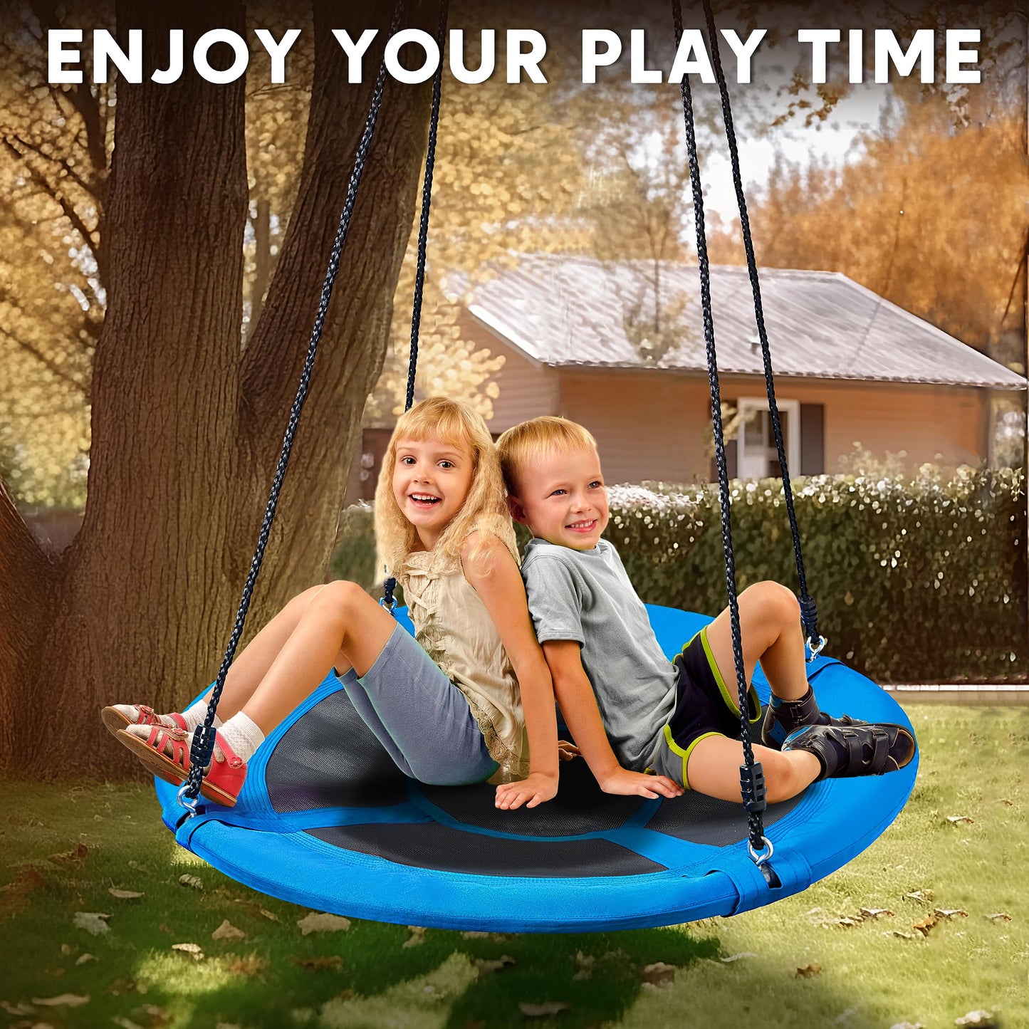 TURFEE 40" Blue Saucer Swing,Waterproof Oxford Fabric Platform Swing Seat with Adjustable Ropes for Kids Toddlers, Playground Backyard Outdoor indoor Swing
