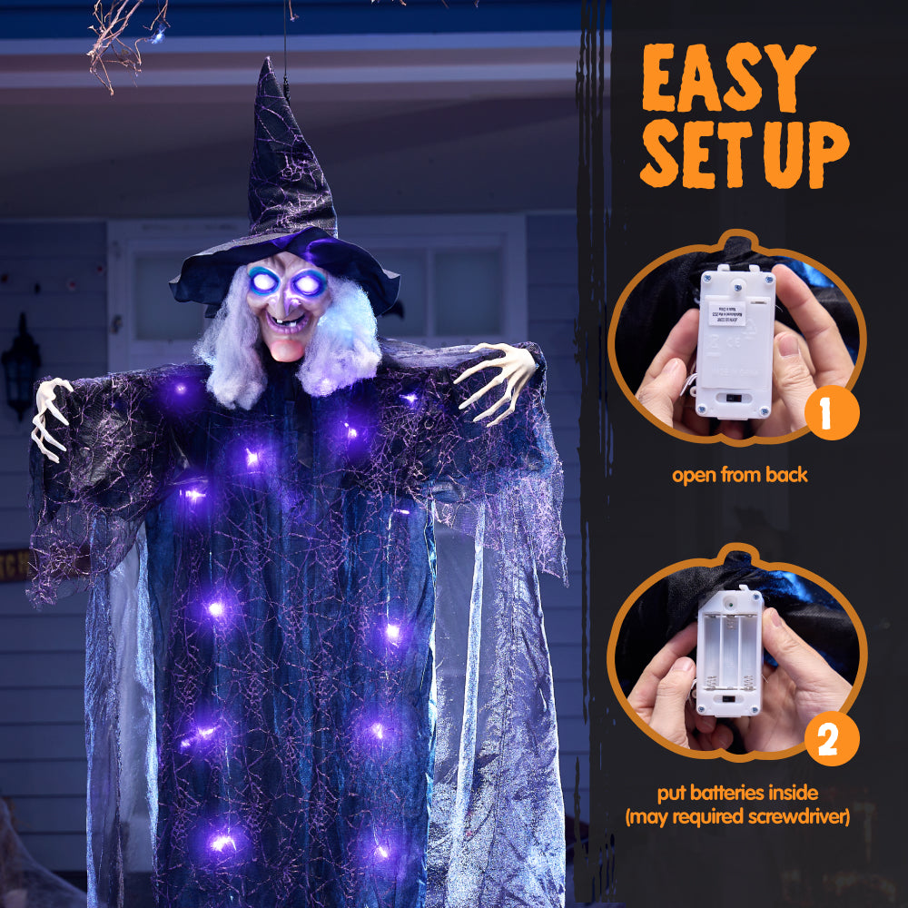 Joyfy 6ft Halloween Witch Decoration,Outdoor Scary Halloween Animatronic Hanging Witch with Light Up Eyes and Sound Decoration for Halloween Outdoor