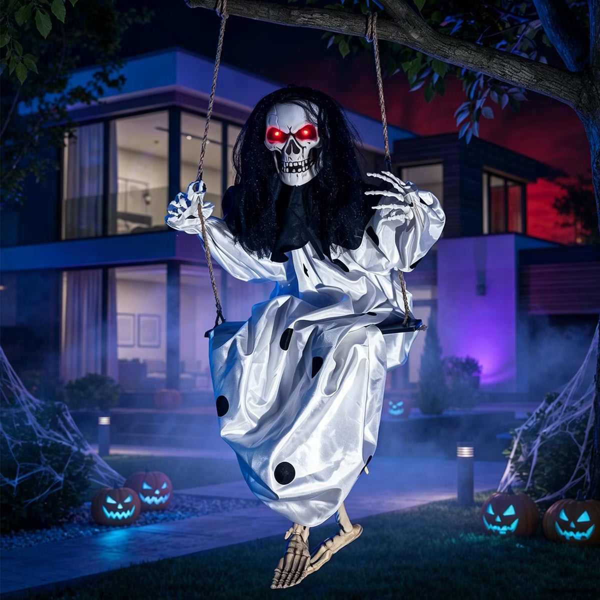 Joyfy 36" Halloween Hanging Decoration, Swinging Skeleton Clown with Light-Up Eyes Prop for Halloween Outdoor Yard Garden, Haunted House, Party Decor