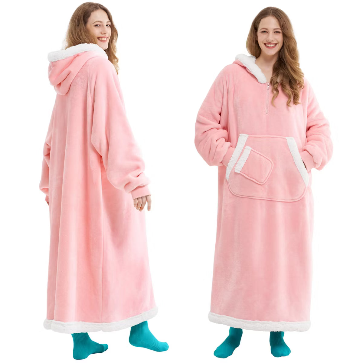 Joyfy Long Wearable Blanket Hoodie for Women Teen Girls Birthday Christmas Gifts Mom Wife, Flannel Fleece Hooded Robe with Pocket & Sleeves Pink