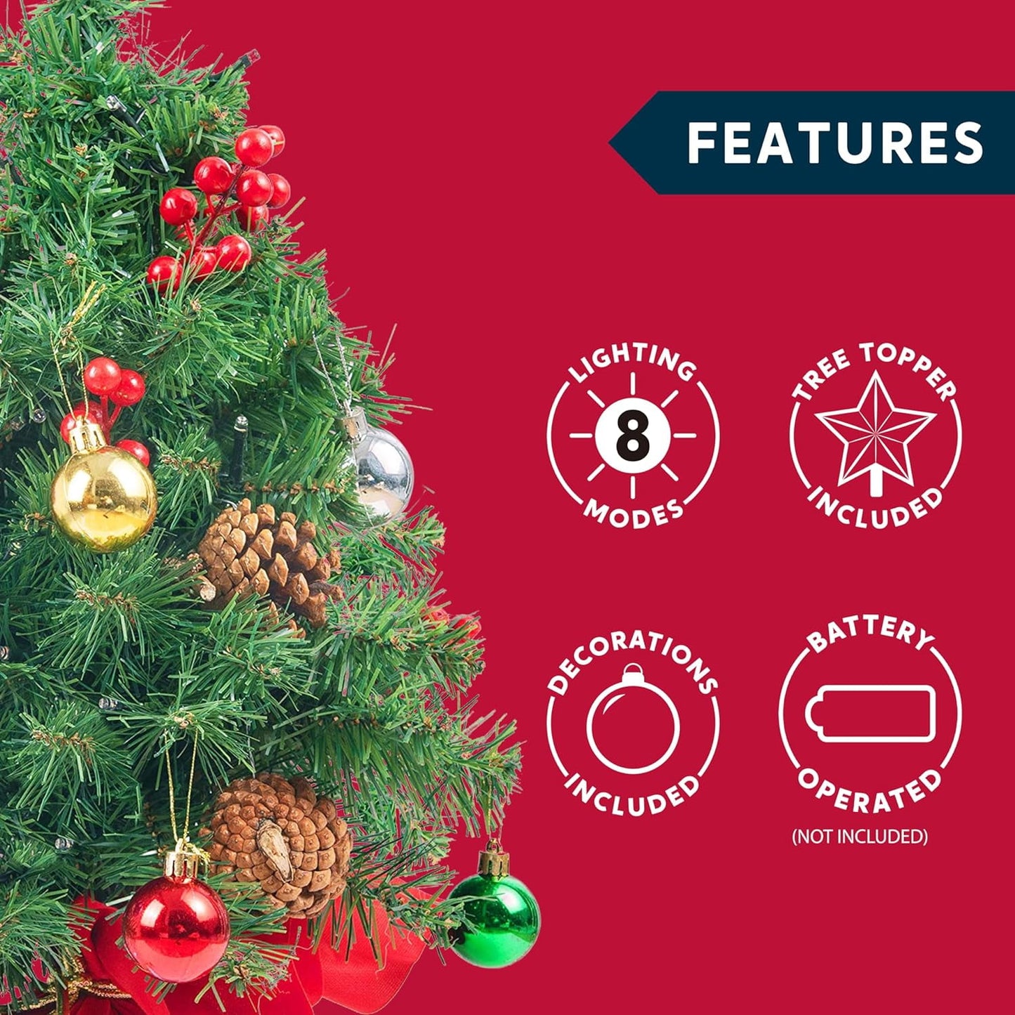 Joyfy 24 Inch Mini Christmas Tree with Lights,Prelit Artificial Christmas Tree with Decorations Holly Berries,Pine Cones,Light Up Christmas Ornaments Table Decor