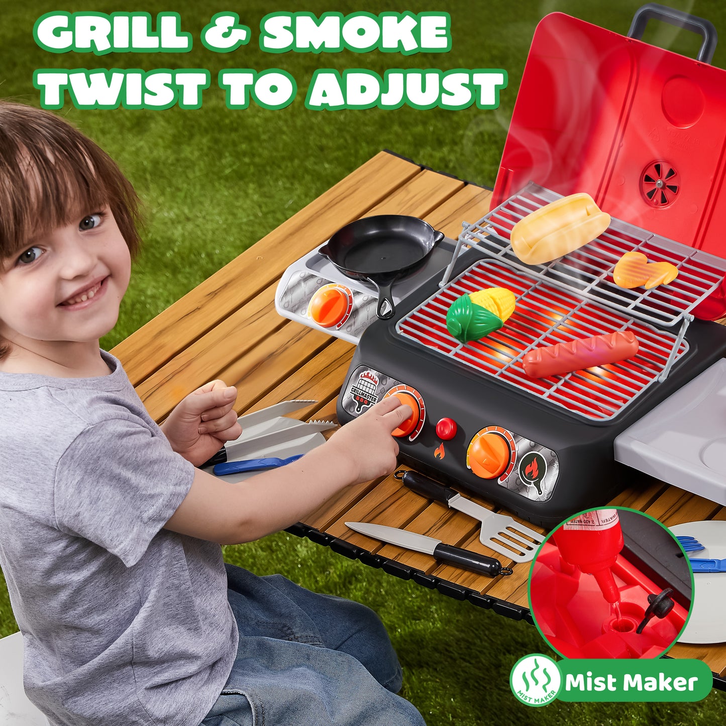 SYNCFUN Exrtra Large 2-Layer BBQ Grill Playset, Kitchen Toy Set with Pretend Smoke & Color-Changing Food, Outdoor Pretend Play Toy Set Birthday Gift for Kids Toddlers 3 4 5 6 7 8 Years Old