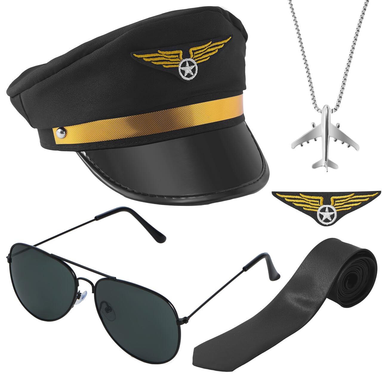 Joyfy 5 Pcs Halloween Pilot Captain Costume Accessories Set with Aviator Sunglasses,Tie,Pilot Hat,Wings Patch and Necklace,Cosplay Accessories for Kids and Adults Dress Up