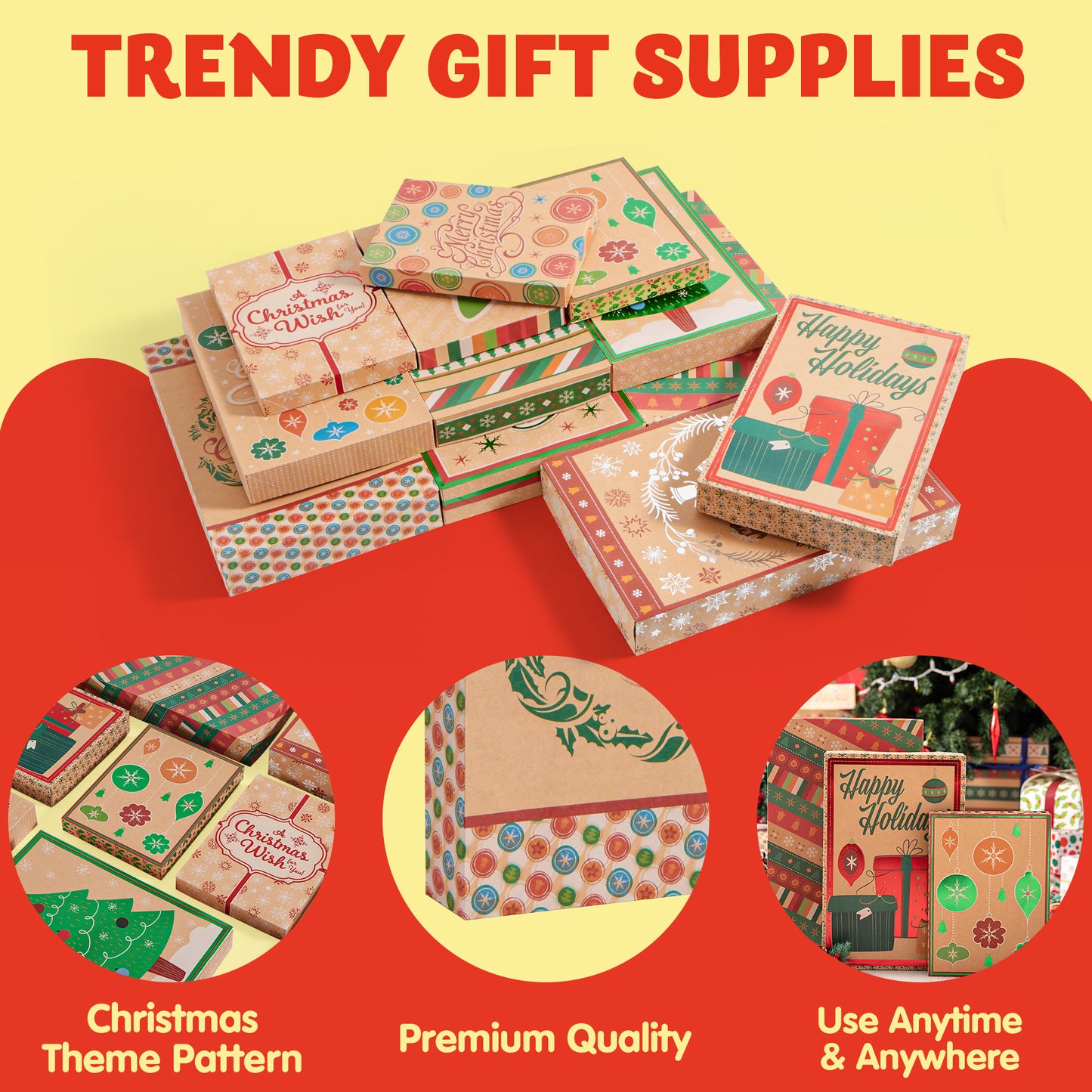 SYNCFUN 12 Pcs Christmas Foil Kraft Gift Boxes with 3 Sizes (Robe, Shirt and Lingerie Boxes) for Xmas Goody Gift Boxes, School Classrooms Party Favors Decoration, Holiday Present Wrap Décor