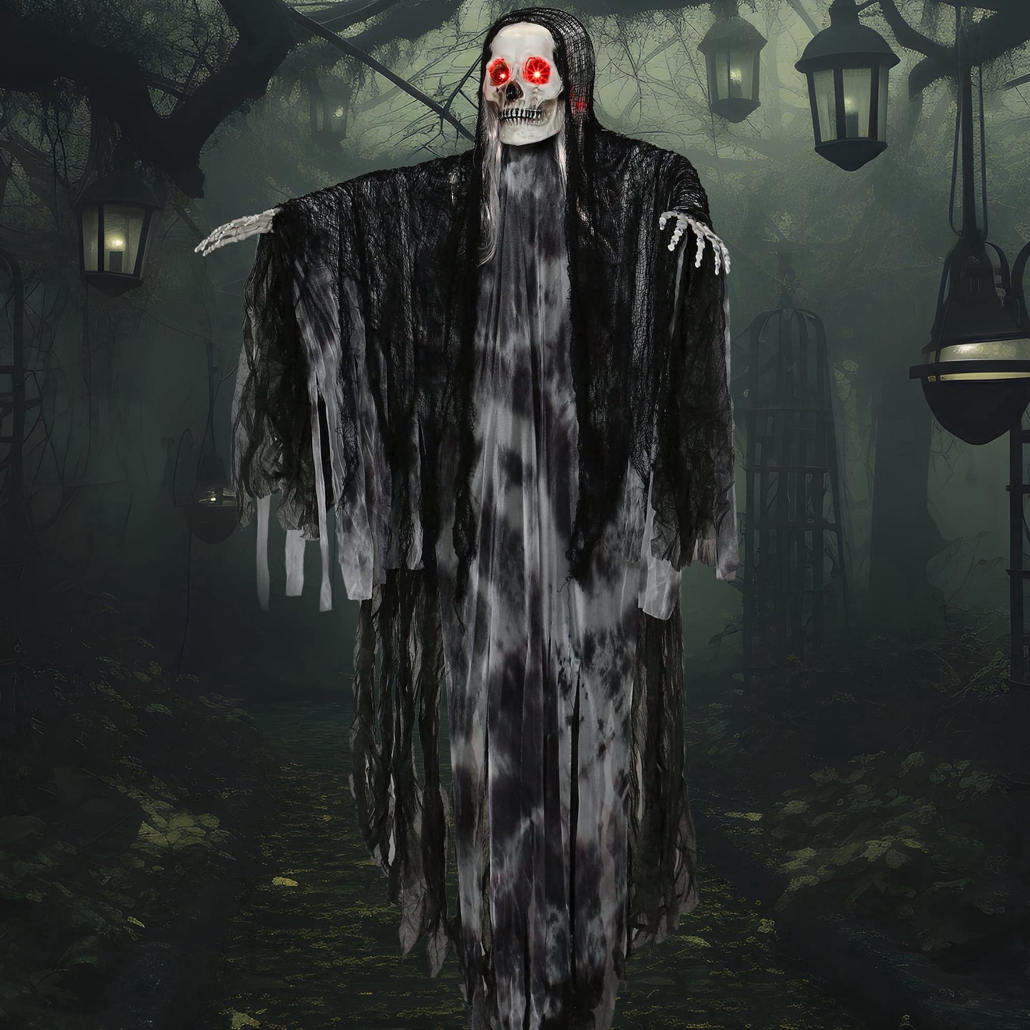 Joyfy 59 Halloween Animatronics Hanging Grim Reaper Decorations Outdoor,Halloween Skeleton Ghost with Glowing Eyes and Creepy Sound Decoration for Halloween Outdoor