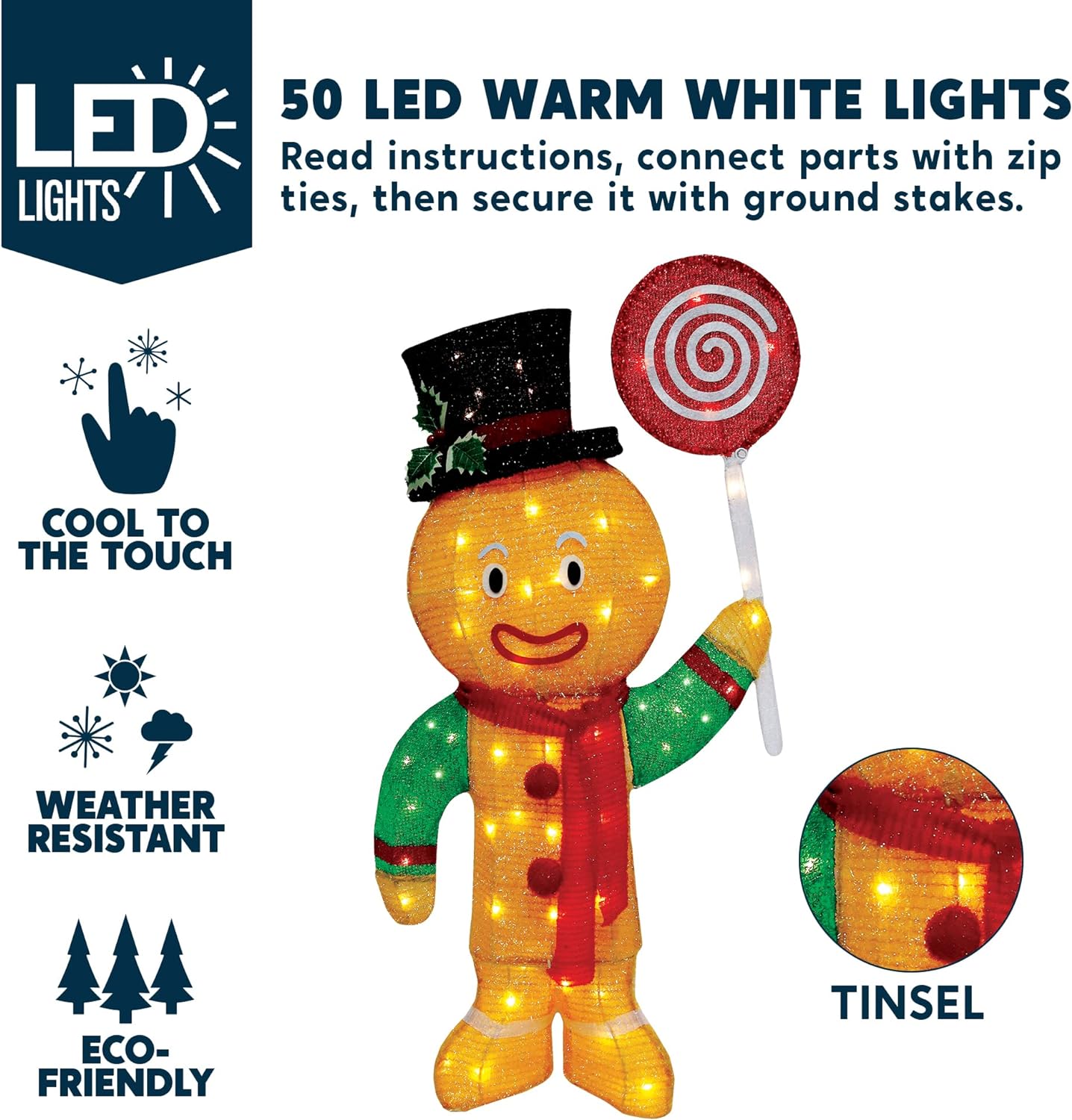 Syncfun 3 FT Gingerbread Man Yard Light Christmas Outdoor Decorations,50 Pre-Lit LED Christmas Decorations,Christmas Yard Light with Stakes Decorations Outdoor Holiday Decor