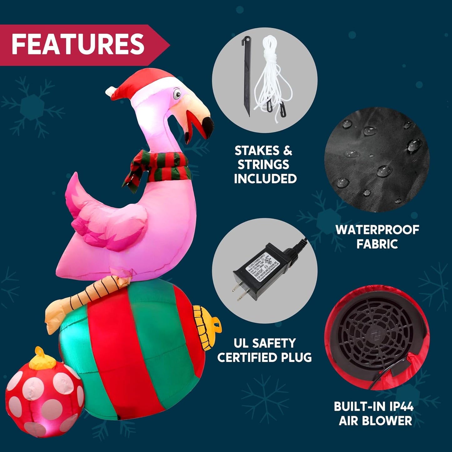 Syncfun 6 FT Christmas Inflatables Flamingo on Ornament Outdoor Decorations,Christmas Blow Ups Yard with Built-in LEDs for Holiday Party Garden Lawn Decor