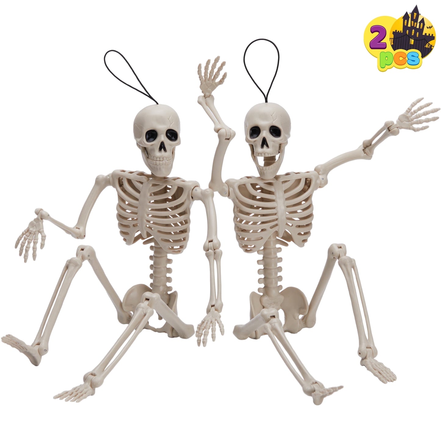 Joyfy 2 Pcs Halloween Skeleton Decorations,16 inch Poseable Skeleton with Movable Joints for Halloween Indoor Outdoor,Haunted House Accessories,White