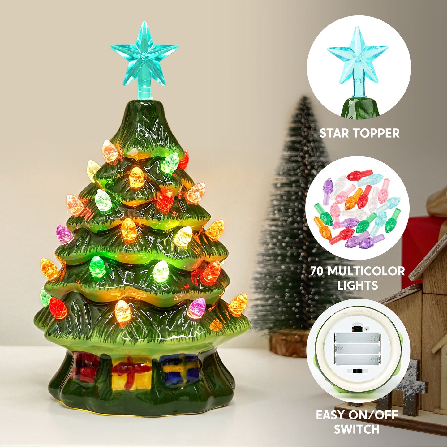 Joyfy 2 Pcs 7" Small Ceramic Christmas Tree,Prelit Ceramic Christmas Tree with Lights and Top Star,Table Top Christmas Tree Decorations,Holiday Tree
