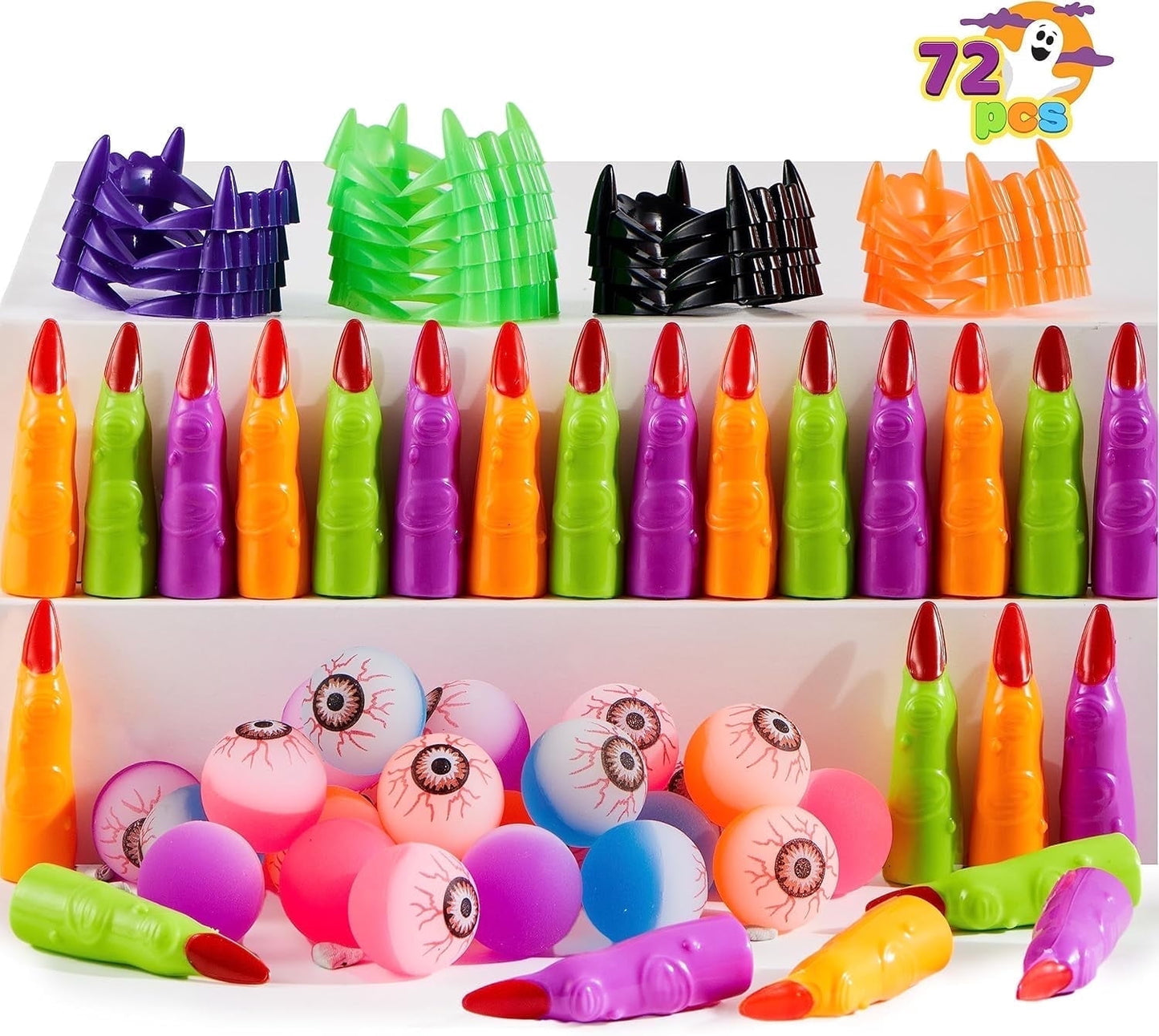 Joyfy 72 PCS Halloween Party Favors Game Toy Gifts-Scary Eyeballs, Witch Fingers and Vampire Teeth Set for Kids Child Trick or Treat Party Supplies, Gift Exchange