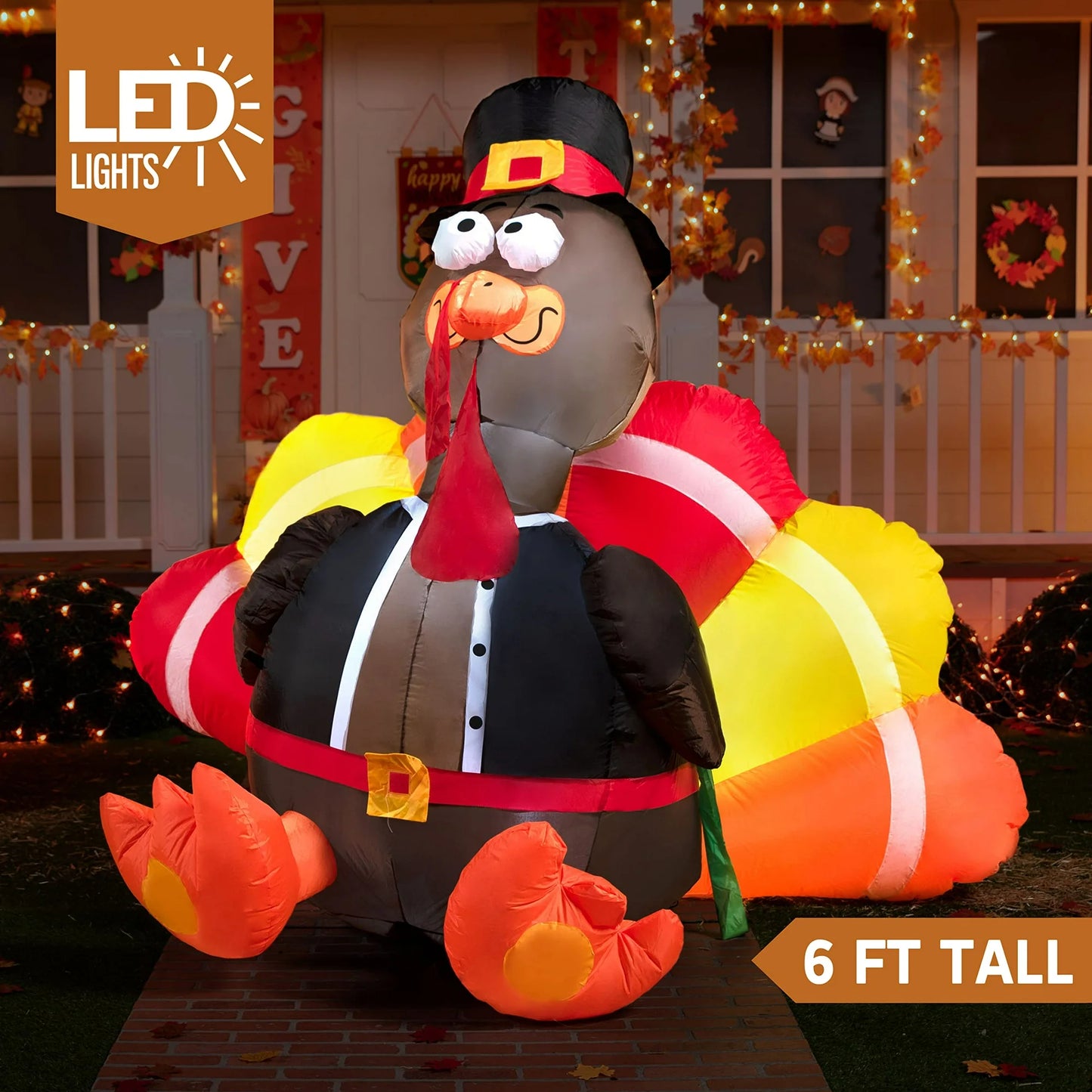 Joyfy 6FT Thanksgiving Inflatable Turkey with Pilgrim Hat and LED , Perfect for Thanksgiving Yard Inflatable Decorations