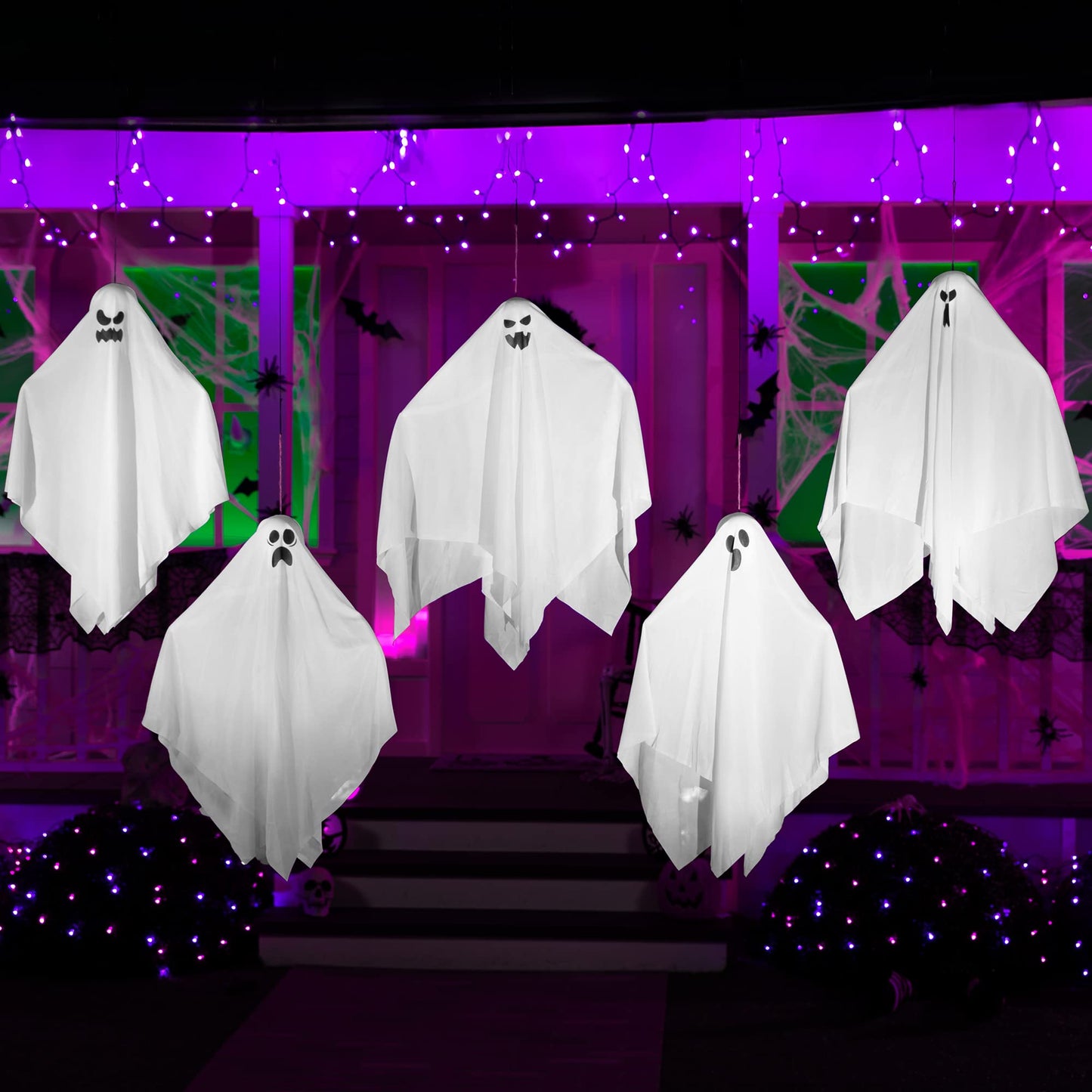 JOYIN 27.5" 5 Pack Halloween Hanging Ghosts for Halloween Party Decoration, Cute Flying Ghost for Front Yard Patio Lawn Garden Party Décor and Holiday Halloween Hanging Decorations