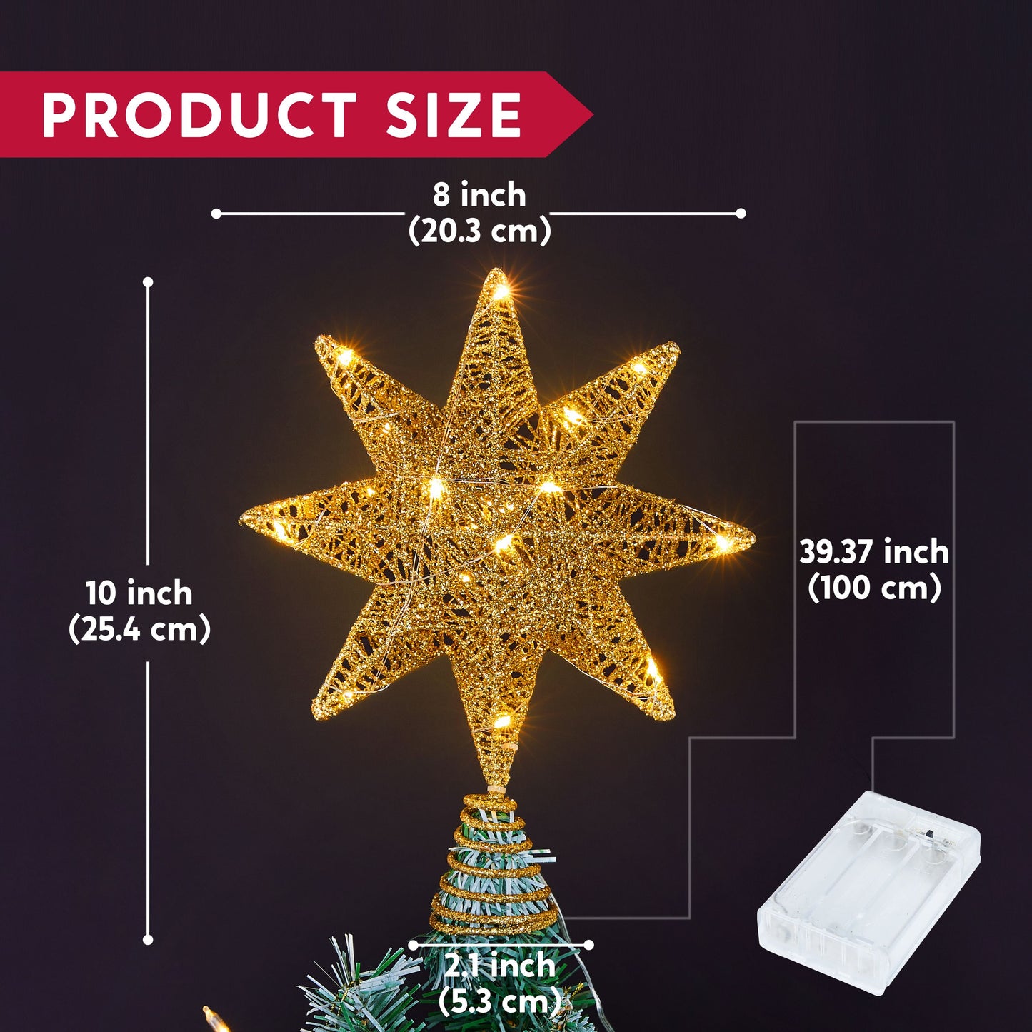 Joyfy Christmas Tree Topper,20 LED Gold Glitter 8-Point Star with Lights,Light Up Tree Topper Christmas Decorations Xmas Tree Decorations