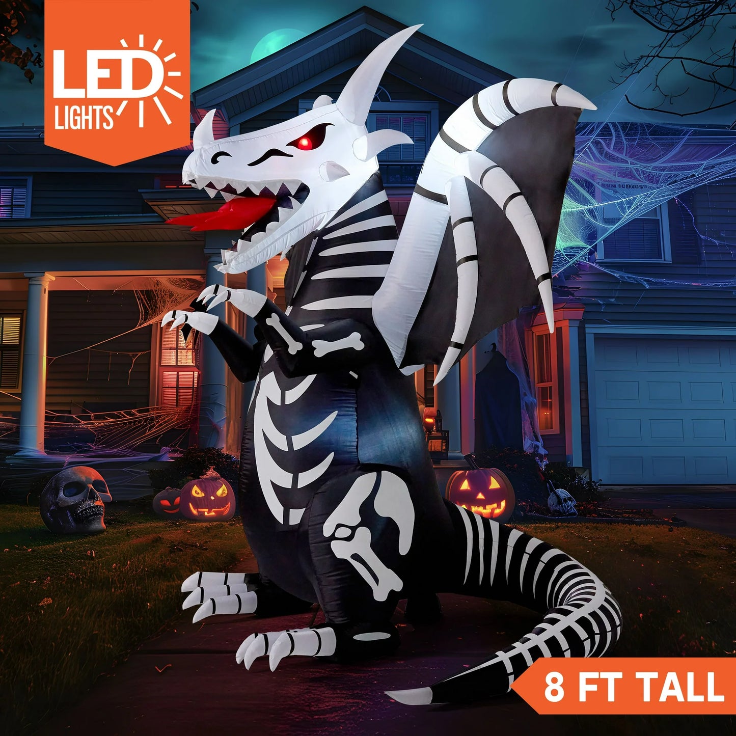 Joyfy 8ft Halloween Inflatable Skeleton Dragon with Build-in LEDs Decorations,Halloween Outdoor Decorations Blow up Yard Decorations