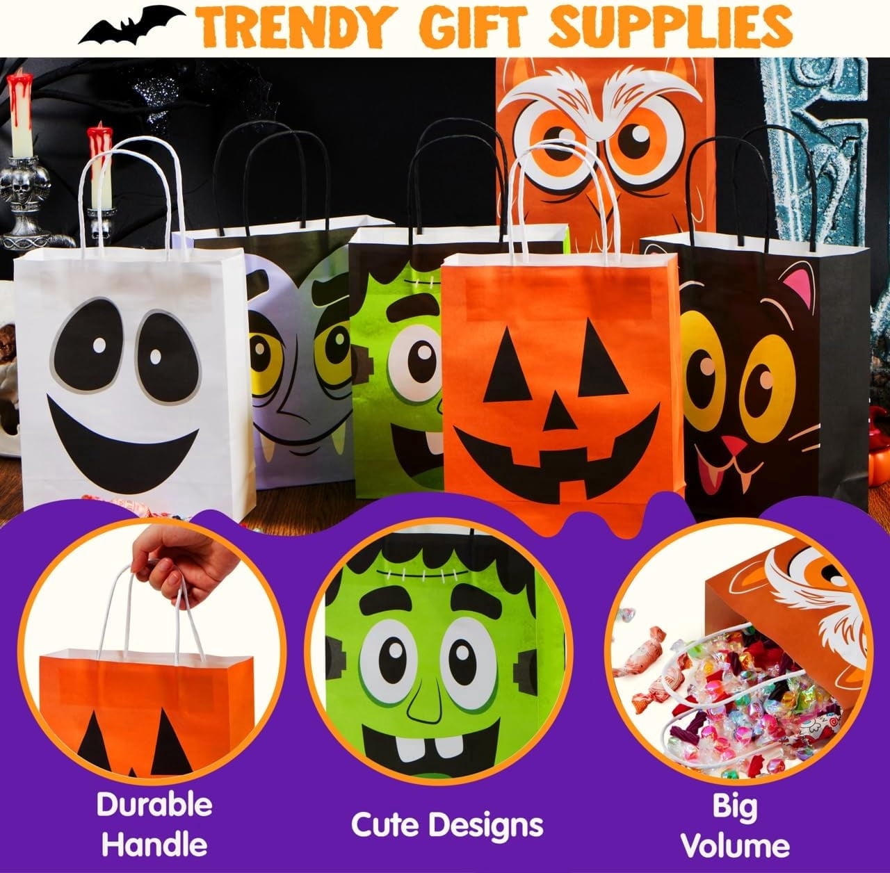 Joyfy 24 PCS Halloween Paper Gift Bags with Handles, Trick or Treating Candy Goodie Bags for Party Favors Supplies
