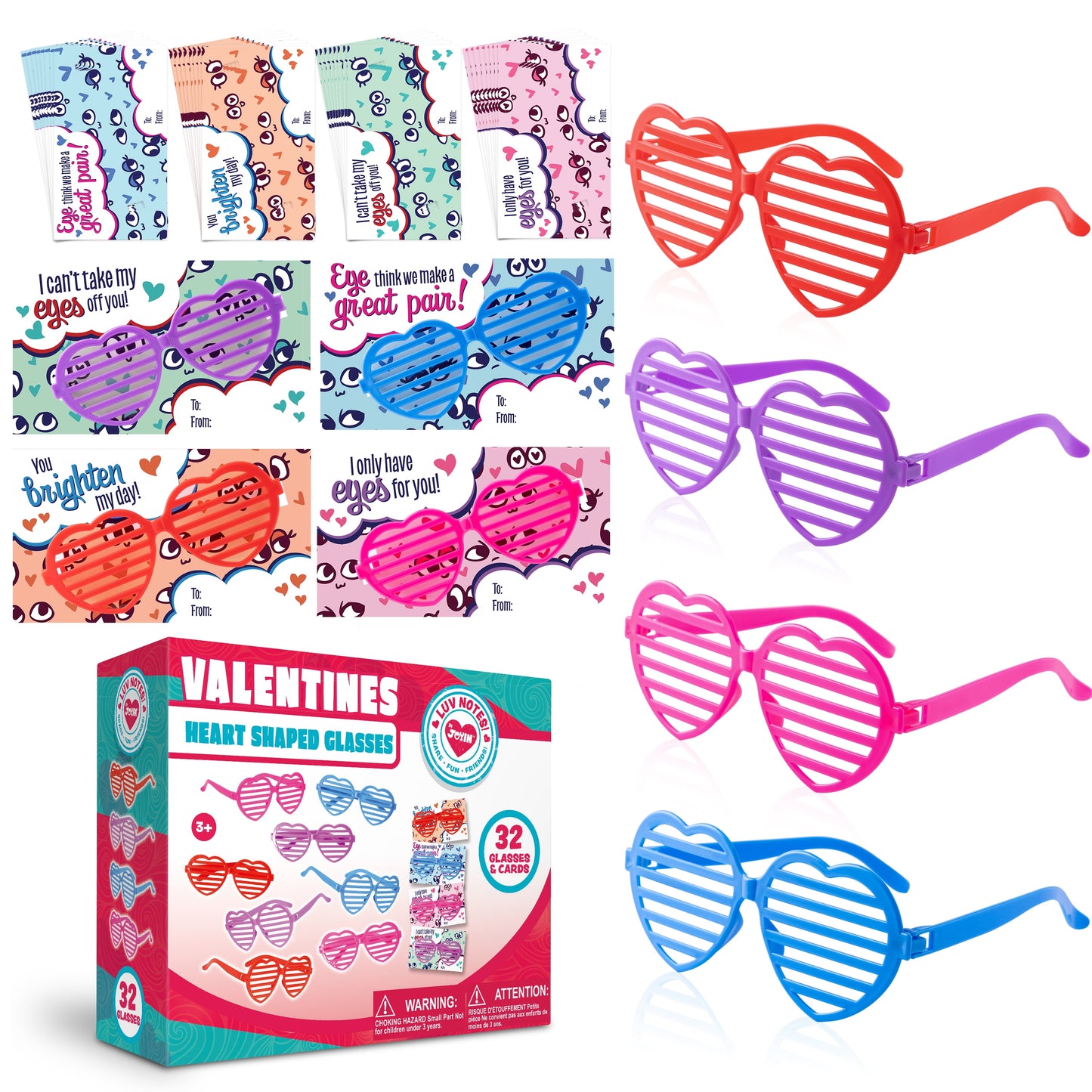 32 Packs Valentines Day Cards with Heart Shaped Glasses for Kids, Valentines Exchange Card Gift Sets for Boys Girls, Valentines Party Favors