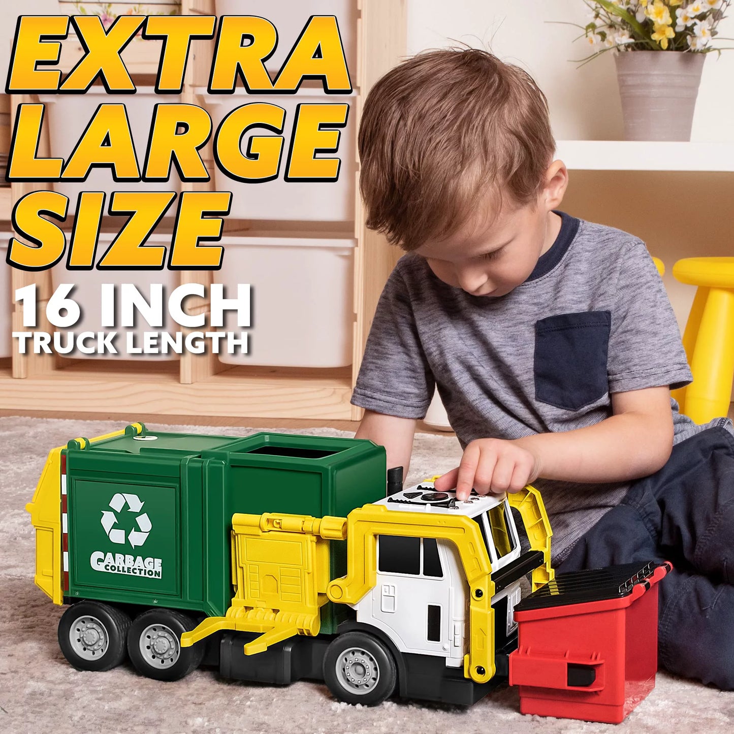 JOYIN 16" Large Garbage Truck Toys for Boys, Realistic Trash Truck Toy with Trash Can Lifter and Dumping Function, Toy Truck Gift for Boy Age 2 3 4 5 Years Old