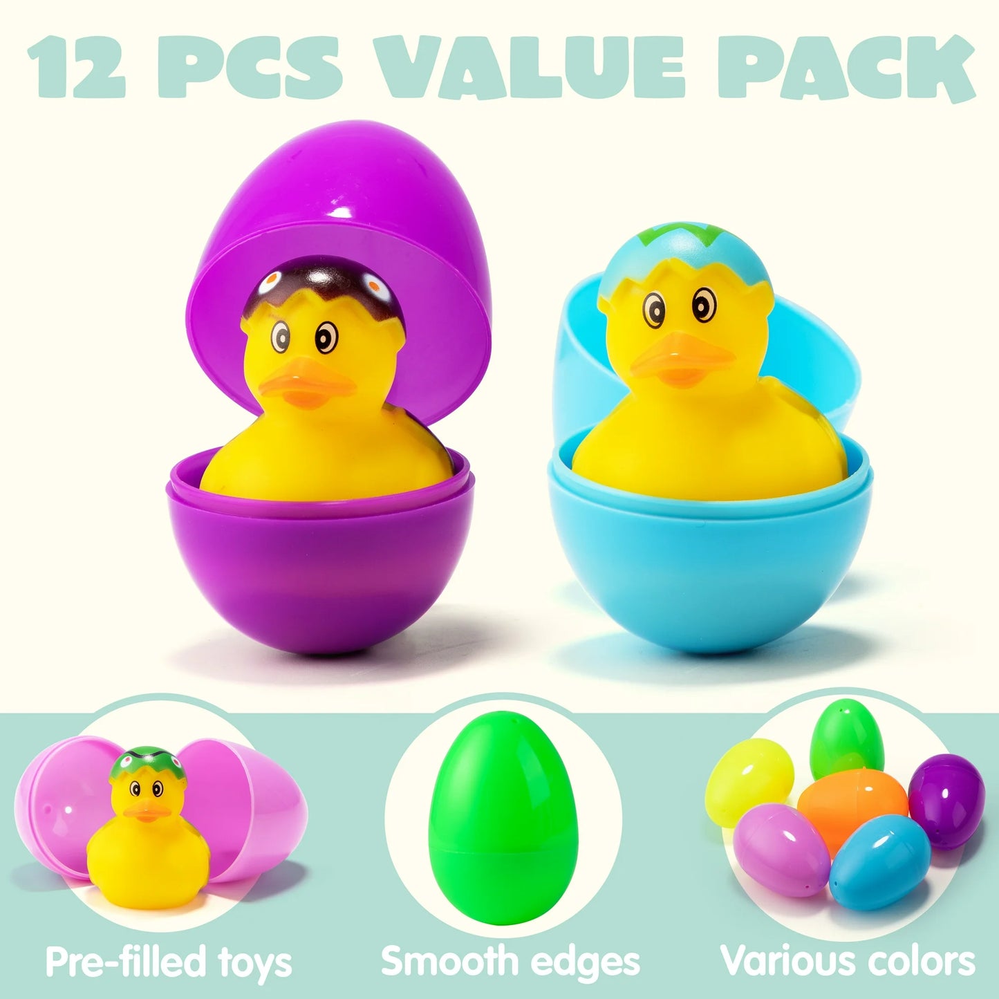 Joyfy 24 Pcs Prefilled Easter Eggs with Toys(12 Ducks and 12 Eggs),Colorful Easter Eggs Prefilled with Rubber Ducks for Easter Basket Stuffers and Bathtub Toys Party Favors