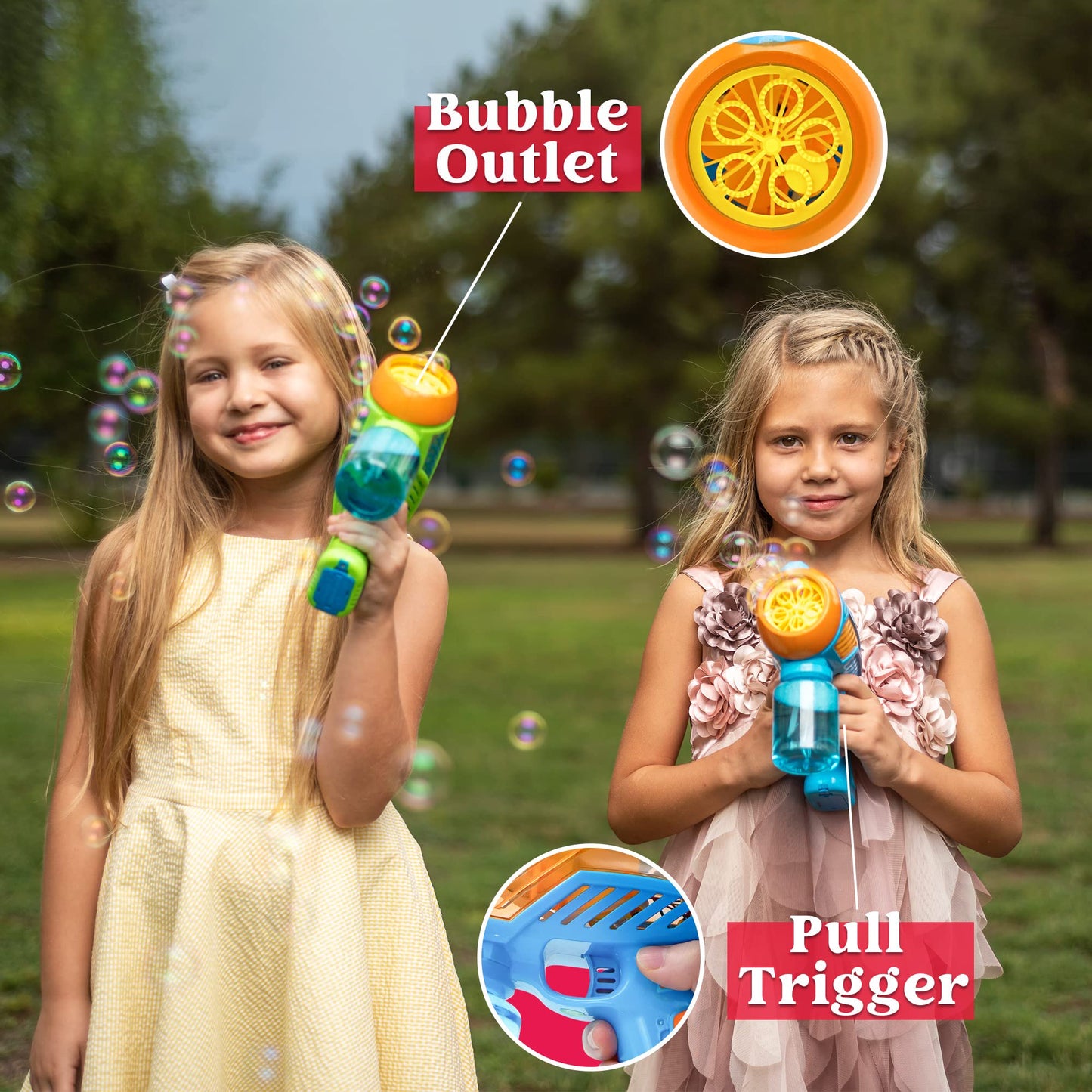 JOYIN 2 Bubble Guns with LED Lights and Music，Bubble Maker and Blower, Indoor and Outdoor Play, Kids Party Favor, Game Toys, Summer Themed Party and Birthday (Blue+Green)